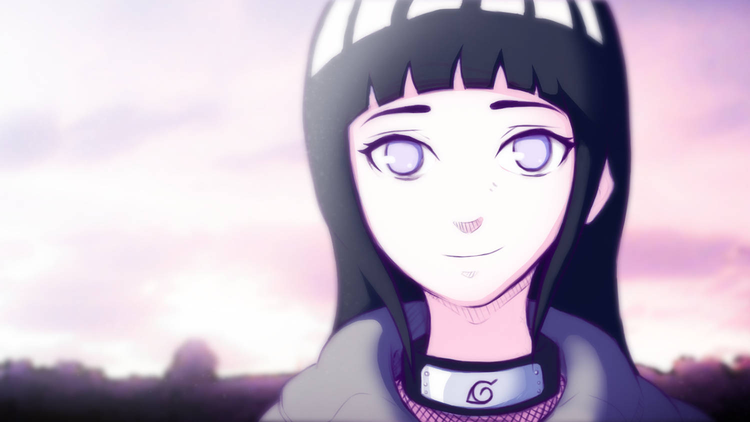 Hinata Hyuga 桌布 壁紙 — 紫眼黑髮的動漫女孩在粉紅色的暮色天空中溫柔微笑。