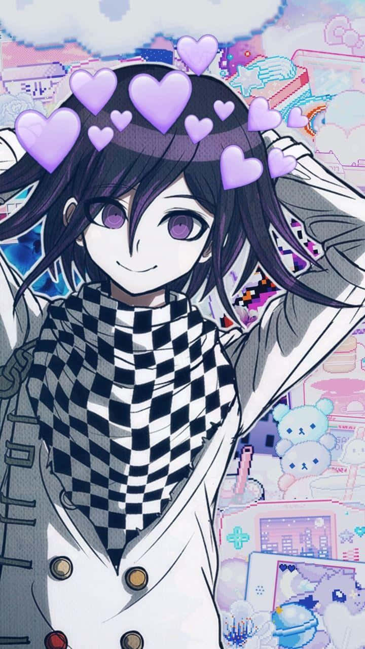 Kokichi Ouma 桌布 壁紙 — 紫眼黑髮的動漫女孩微笑，漂浮的心形環繞著她，身處像素化粉彩夢境。