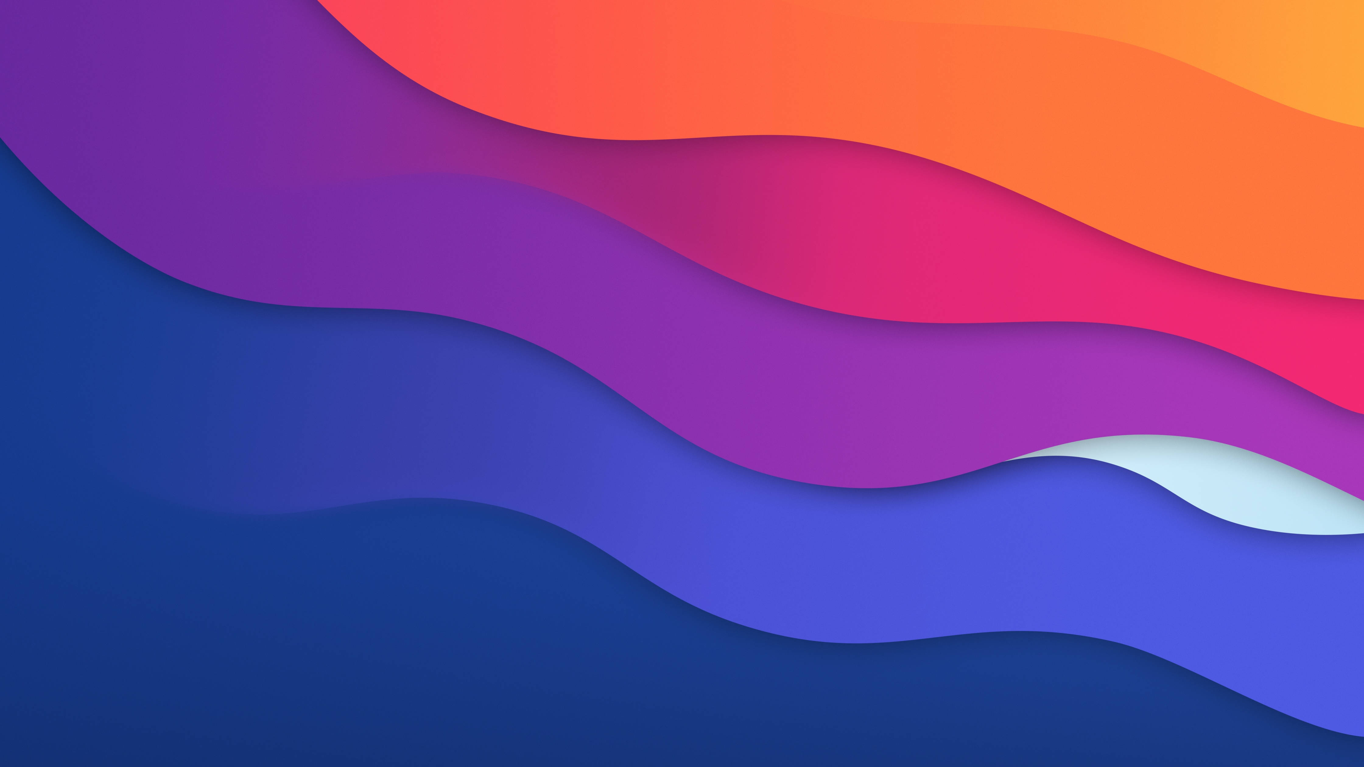 Wave 桌布 壁紙 — 紫色、橙色和藍色的鮮豔波浪層創造出動態的抽象數位漸變背景。