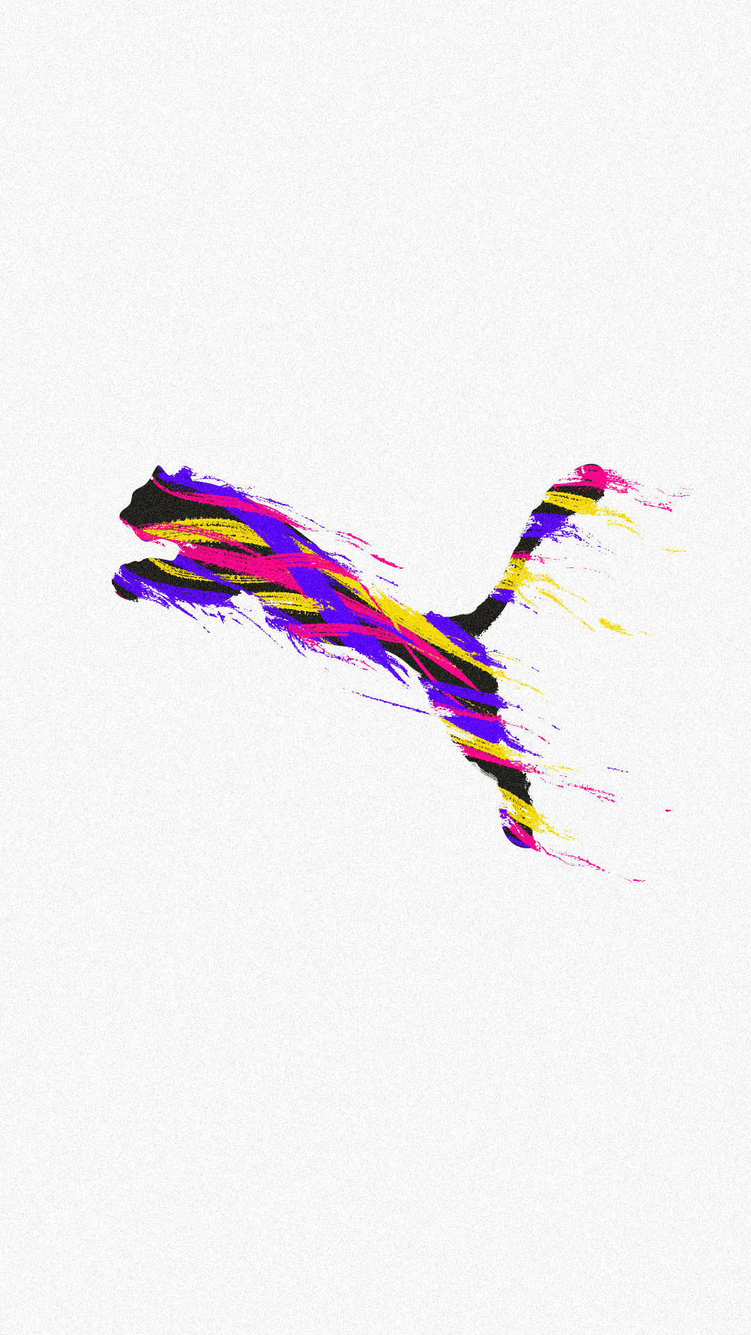 Puma 桌布 壁紙 — 紫色、粉紅色、黃色和黑色的鮮豔抽象潑濺在紋理白色背景上形成風格化的跳躍貓剪影。