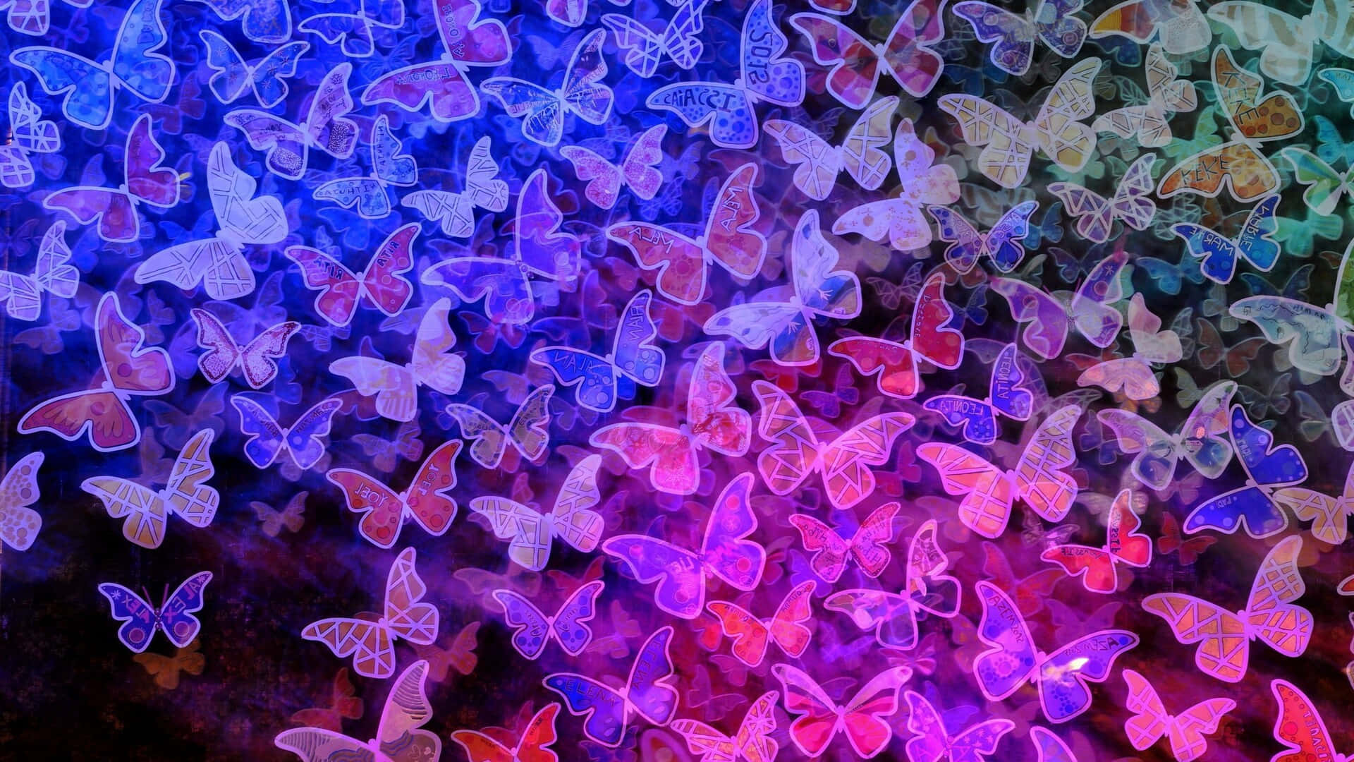 Butterflies Laptop 桌布 壁紙 — 紫色、粉紅色和藍色蝴蝶的鮮豔漸變，帶有發光輪廓，在夢幻般的數位背景上飄動。