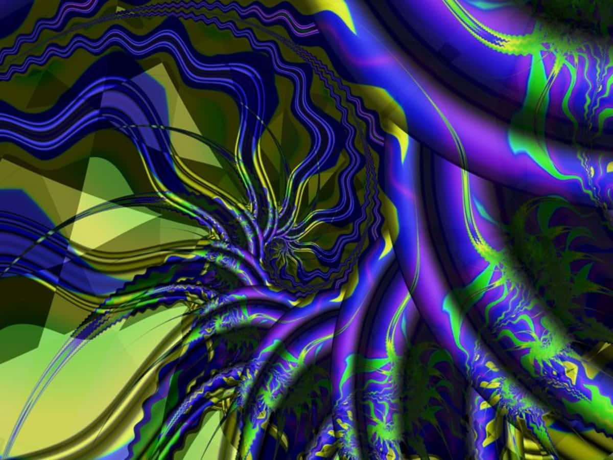 Postmodernism 桌布 壁紙 — 紫色、綠色和黃色的鮮豔數位漩渦，以流暢的有機線條創造出迷人的抽象碎形圖案。