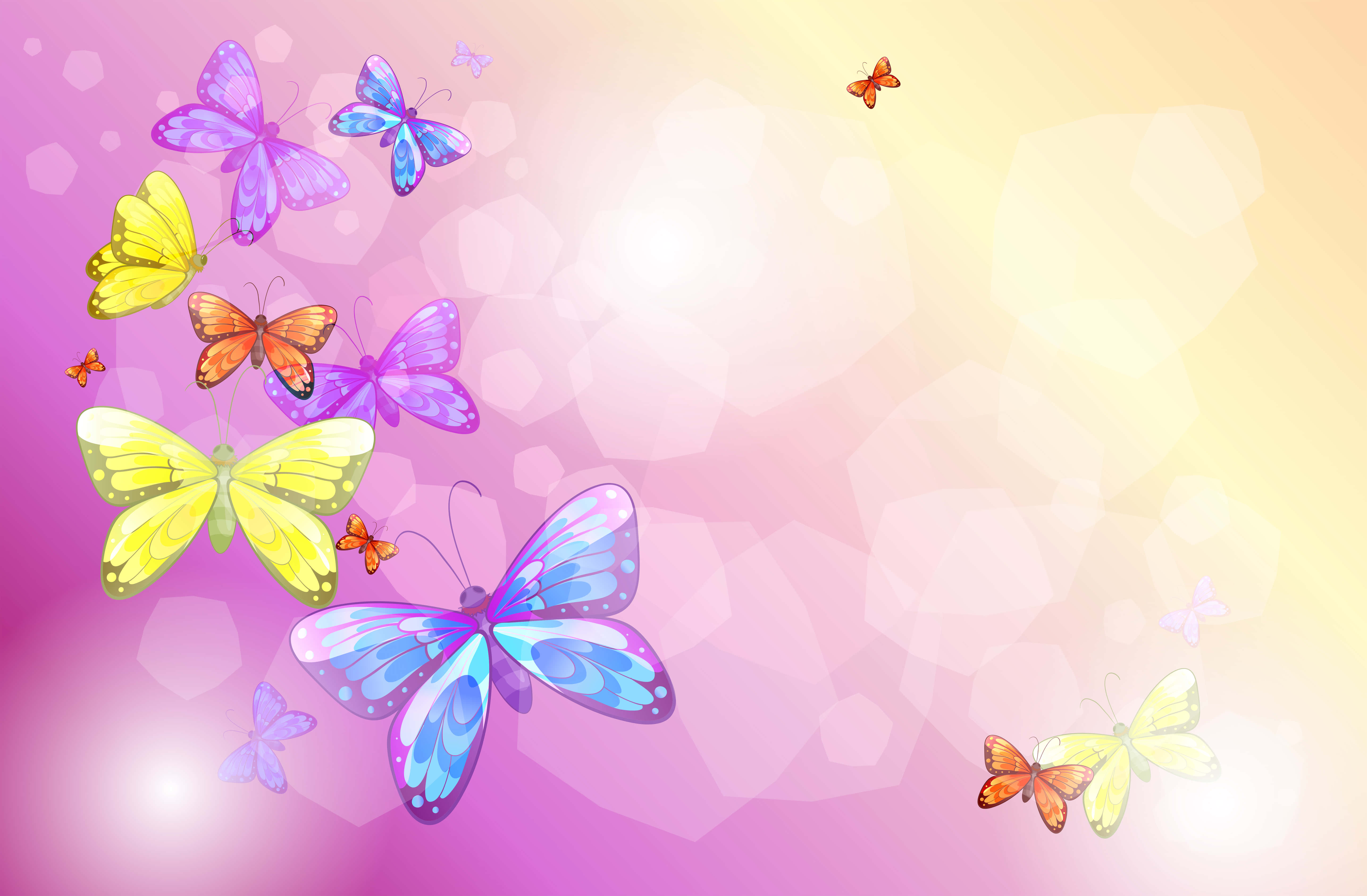 Butterfly Art 桌布 壁紙 — 紫色、黃色和橙色的鮮豔蝴蝶在柔和的粉紅和黃色漸變背景上，伴隨著散景六邊形翩翩起舞。