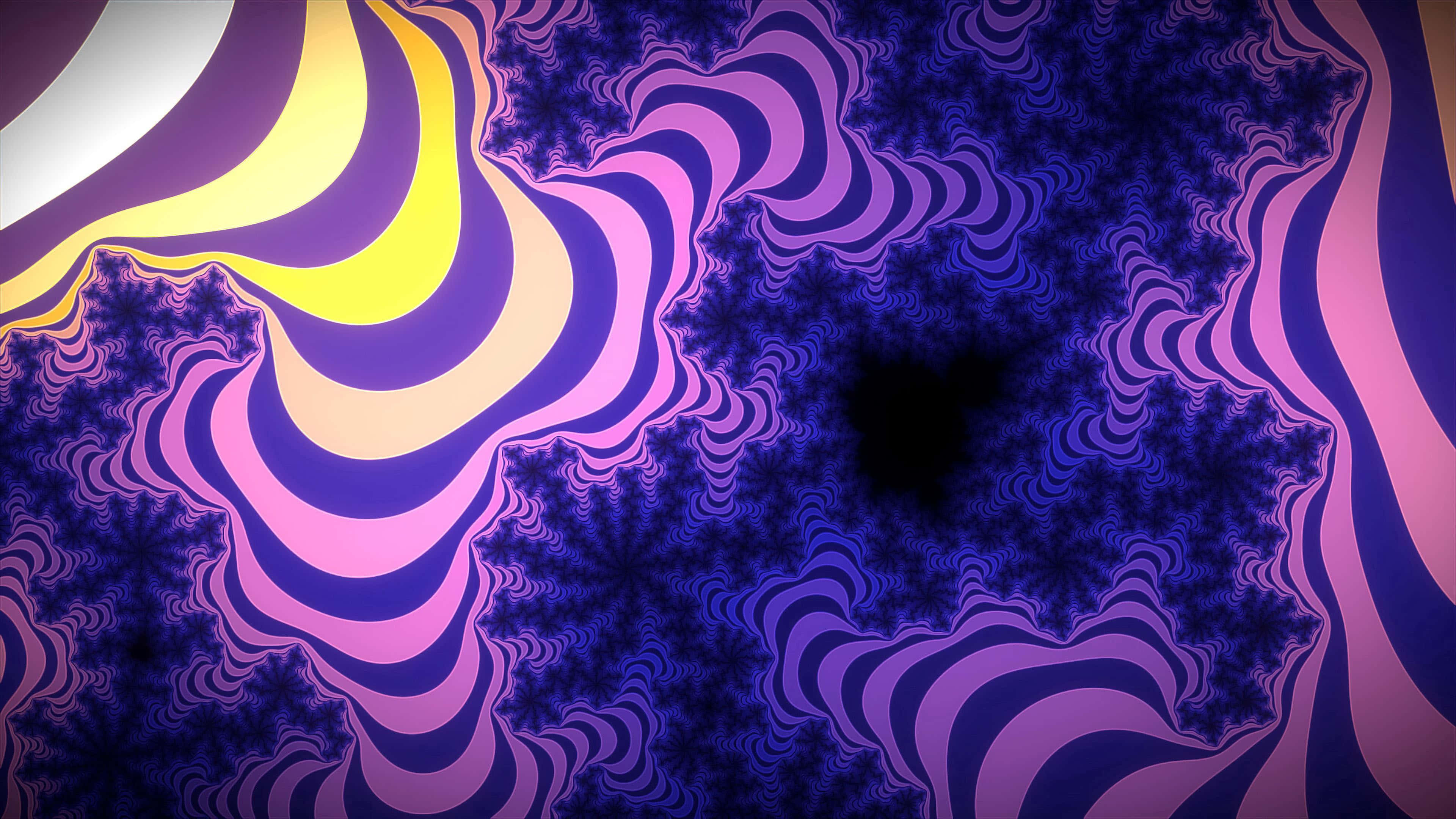 Psychedelic Fractals 桌布 壁紙 — 紫色、黃色和粉紅色的鮮豔迷幻碎形波紋向黑暗中心旋轉，形成催眠般的視覺漩渦。