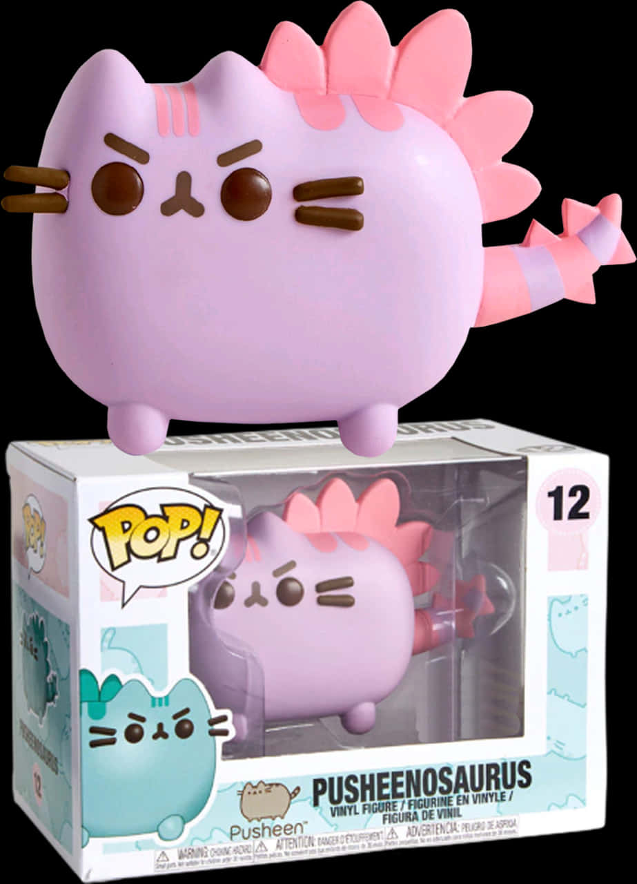 Cartoon 桌布 壁紙 — 紫色Pusheenosaurus Funko Pop! 乙烯基公仔帶有粉紅色尖刺，站在其品牌盒子上，背景為黑色。