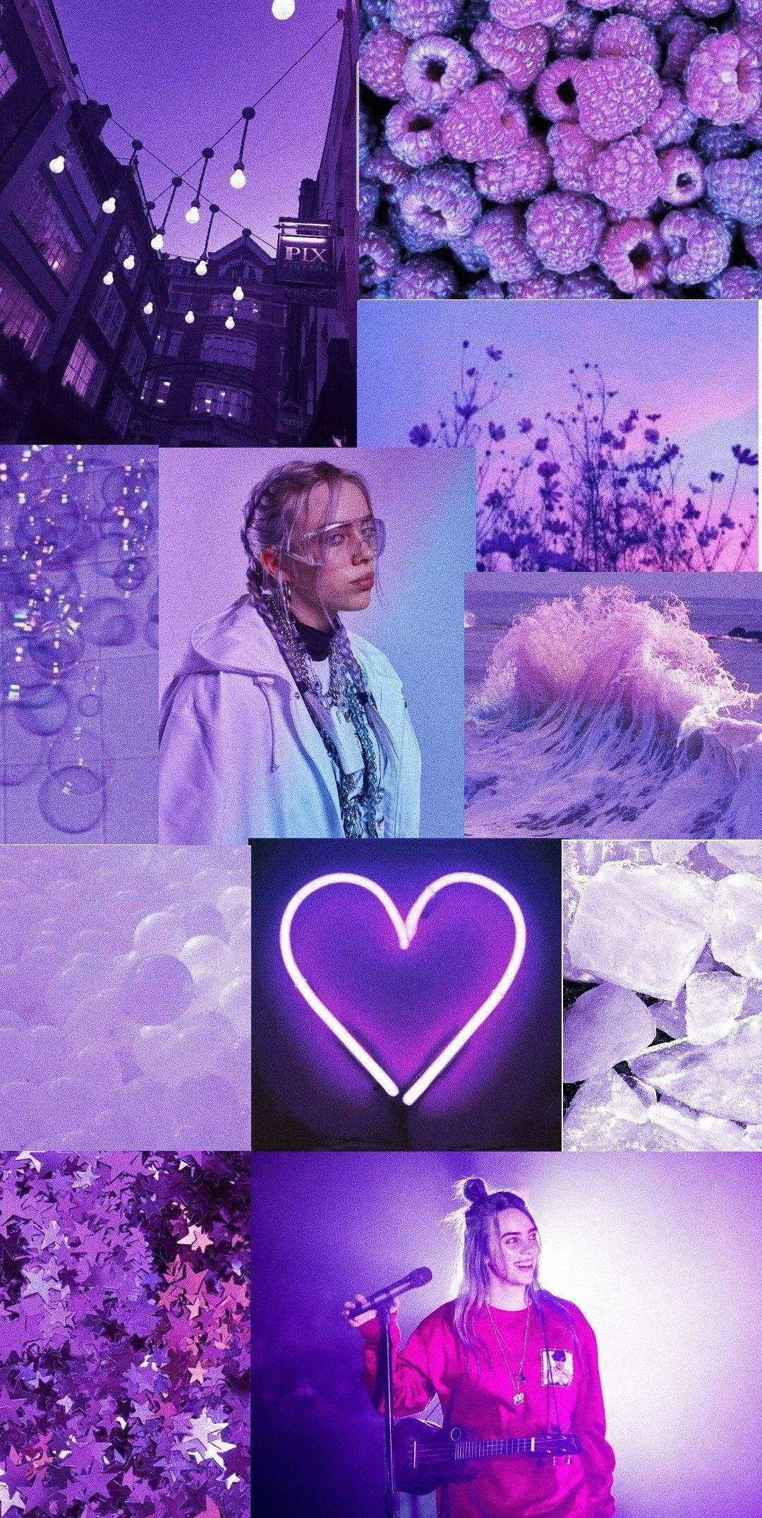 Purple Collage 桌布 壁紙 — 紫色主題拼貼畫，包含燈串、城市景觀、覆盆子、波浪、心形、霓虹燈和閃爍星星。