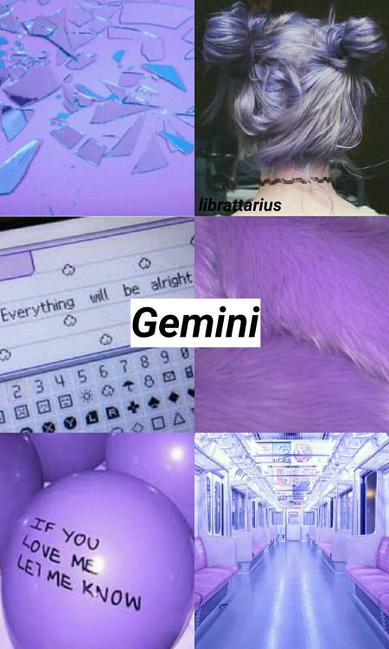 gemini 桌布 壁紙 — 紫色主題拼貼畫，包含碎玻璃、銀色髮髻、帶有 'Gemini' 文字的鍵盤、毛茸茸的毛皮和地鐵車廂。