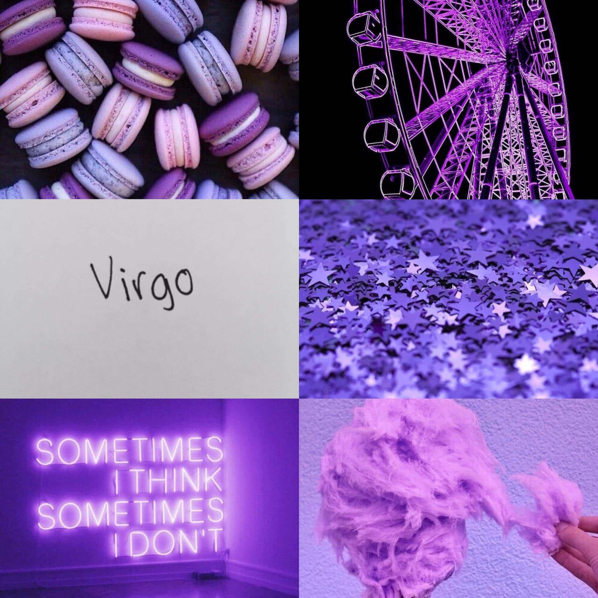 Virgo 桌布 壁紙 — 紫色主題拼貼畫，包含馬卡龍、摩天輪、星星紙屑、處女座標誌、霓虹文字和棉花糖。