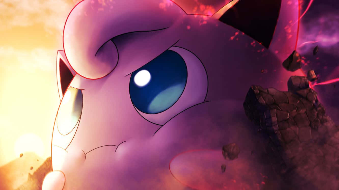 Pokemon Characters 桌布 壁紙 — 紫色動畫寶可夢在火焰爆炸中帶著堅定表情的特寫。