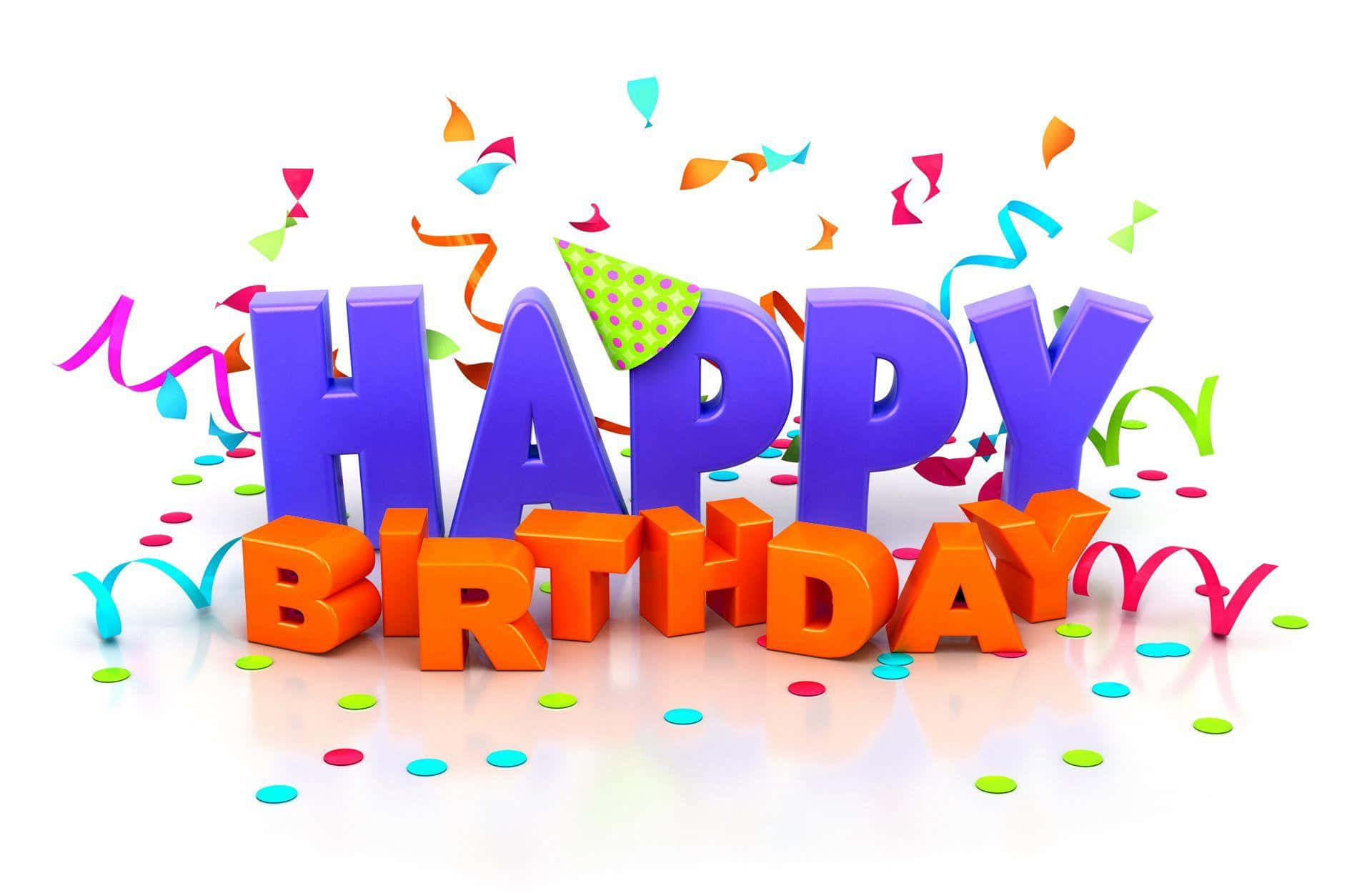 Birthday 桌布 壁紙 — 紫色和橙色的鮮豔3D生日字母在潔白背景上爆發出五彩紙屑和彩帶。
