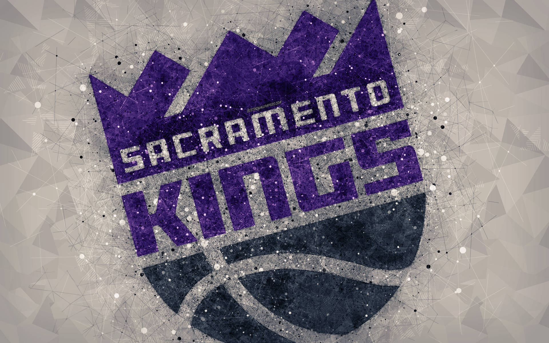 Sacramento 桌布 壁紙 — 紫色和灰色的沙加緬度國王籃球標誌，帶有幾何抽象背景。