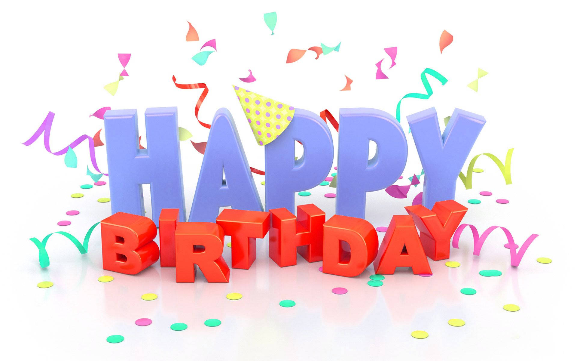 生日快樂 桌布 壁紙 — 紫色和紅色的鮮豔3D渲染「HAPPY BIRTHDAY」字母，彩色紙屑和彩帶在白色背景上飄浮。