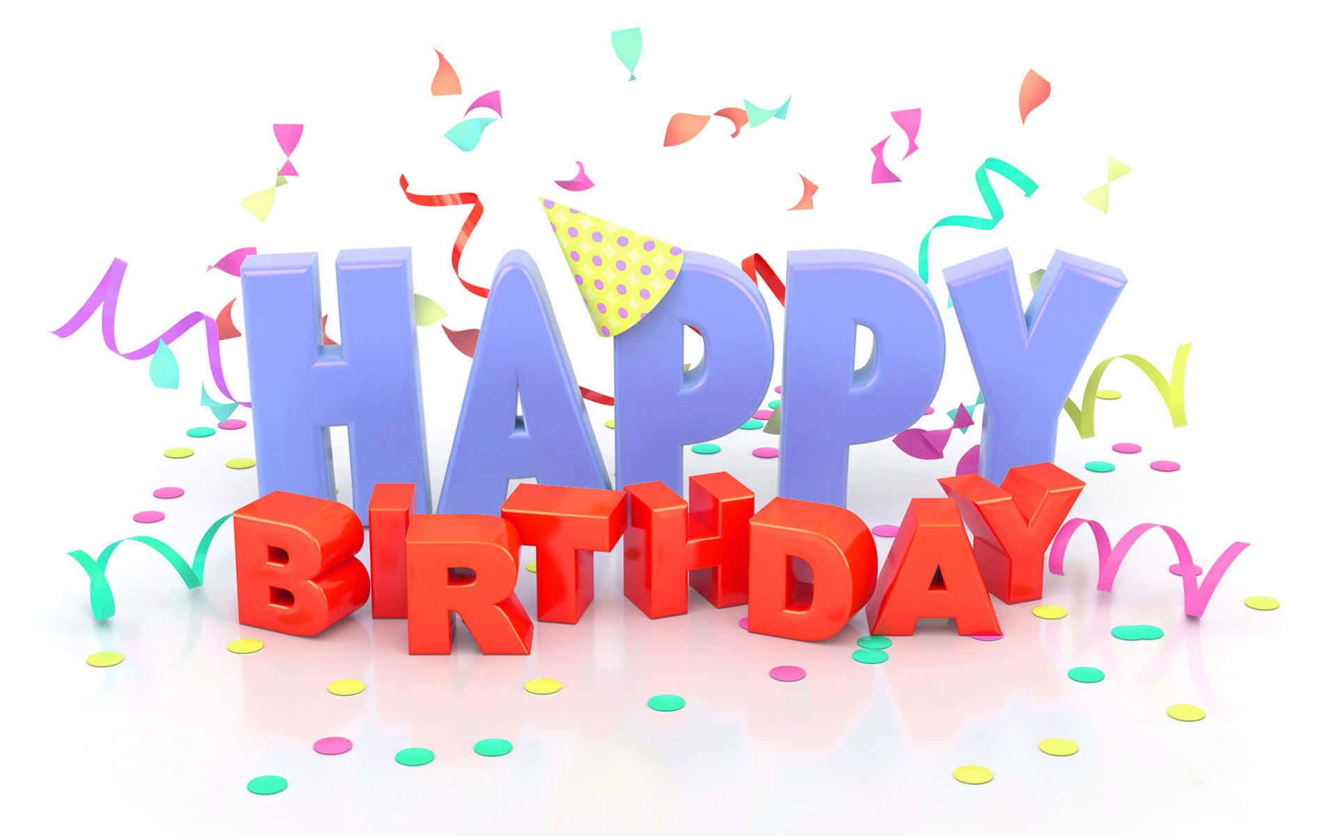High Resolution Happy Birthday 桌布 壁紙 — 紫色和紅色的鮮豔3D生日字母，彩色紙屑和彩帶在白色背景上飄浮。
