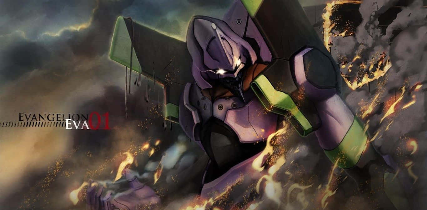 新世紀福音戰士 桌布 壁紙 — 紫色和綠色的 Evangelion 機體在熾熱的爆炸和黑暗的暴風雲中戰鬥，構成戲劇性的動畫場景。