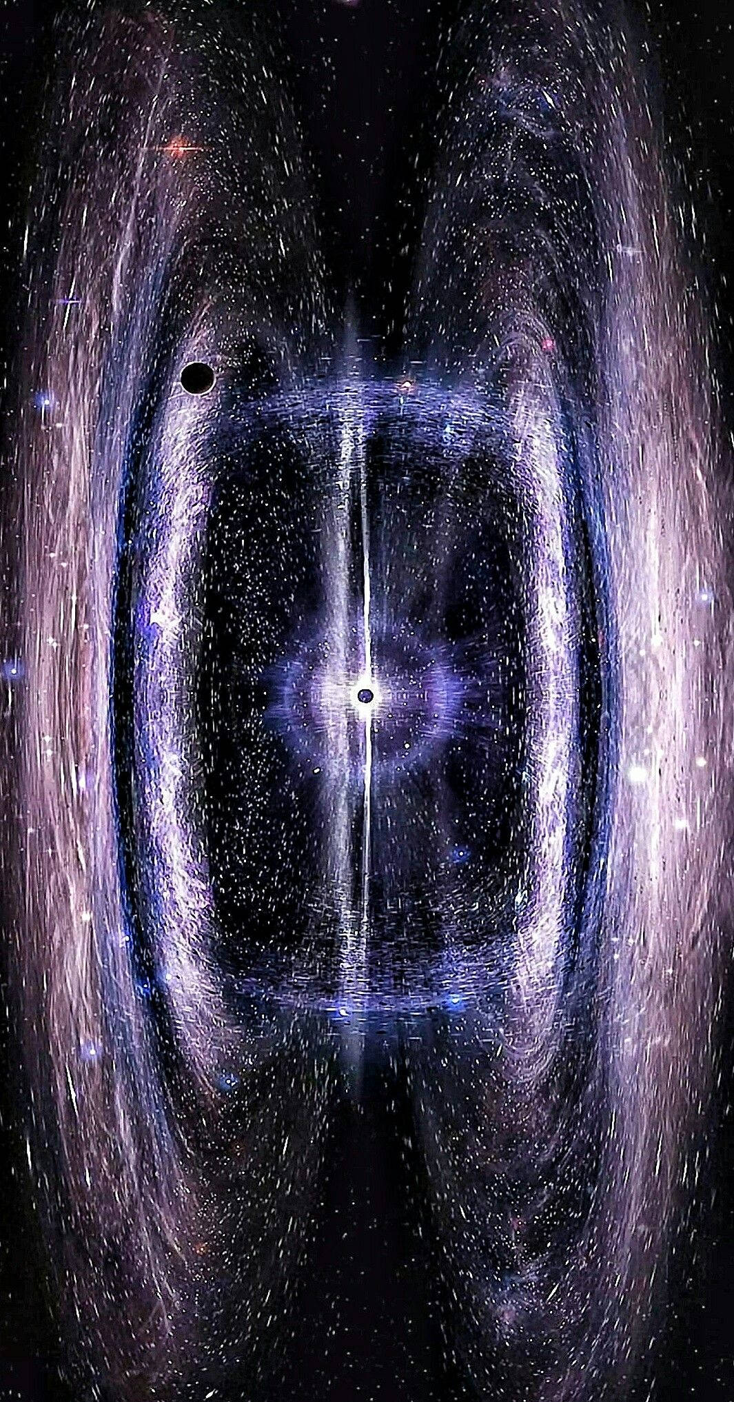 太空 桌布 壁紙 — 紫色和藍色星雲的宇宙漩渦圍繞著一個發光的中心黑洞旋轉，星星散佈各處。