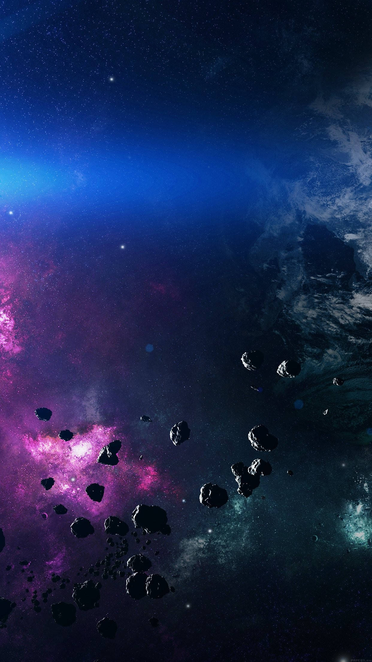 太空 iPhone 桌布 壁紙 — 紫色和藍色星雲與漂浮小行星在星空虛空中的宇宙景觀。
