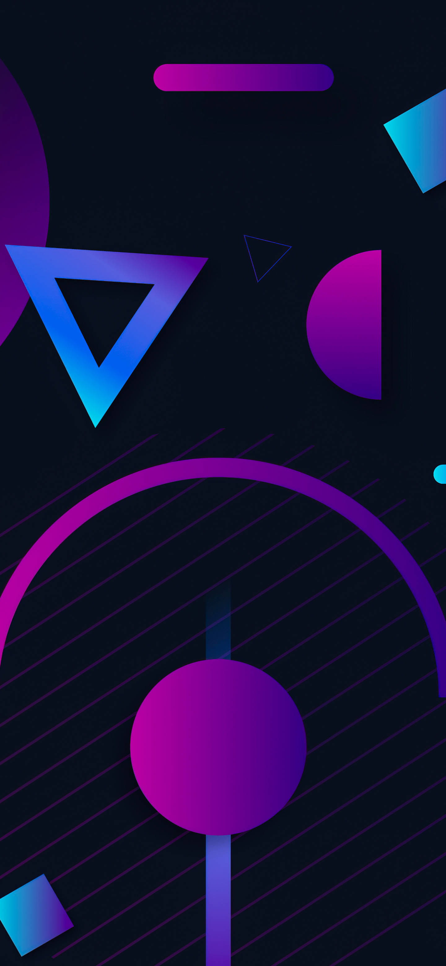 Shapes 桌布 壁紙 — 紫色和藍色的鮮豔幾何形狀在帶有對角線的深色背景上發光。