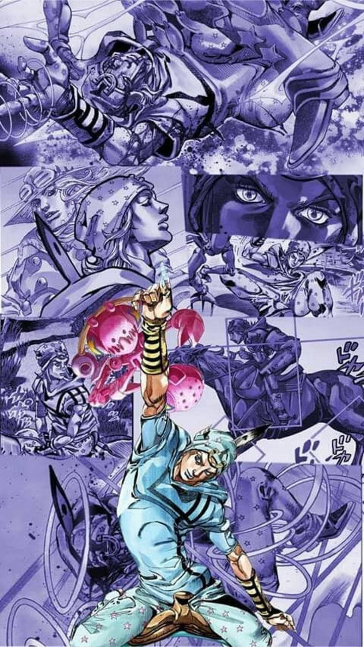 Johnny Joestar 桌布 壁紙 — 紫色和藍色色調的動態動漫角色在一場高能量的漫畫風格戰鬥場景中碰撞。