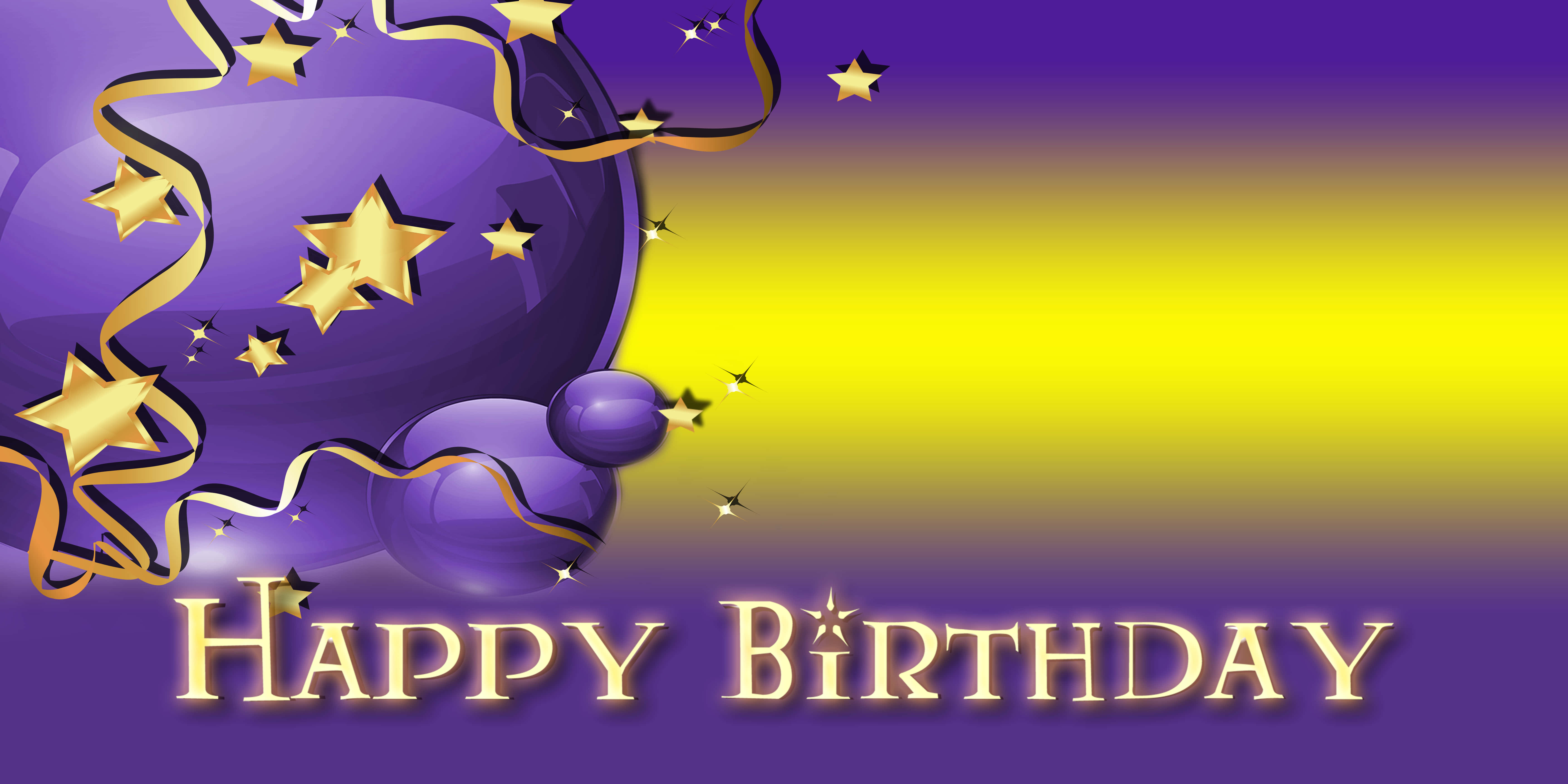 生日快樂 桌布 壁紙 — 紫色和金色的生日氣球，帶有星星和絲帶，在漸變背景上帶有發光文字。