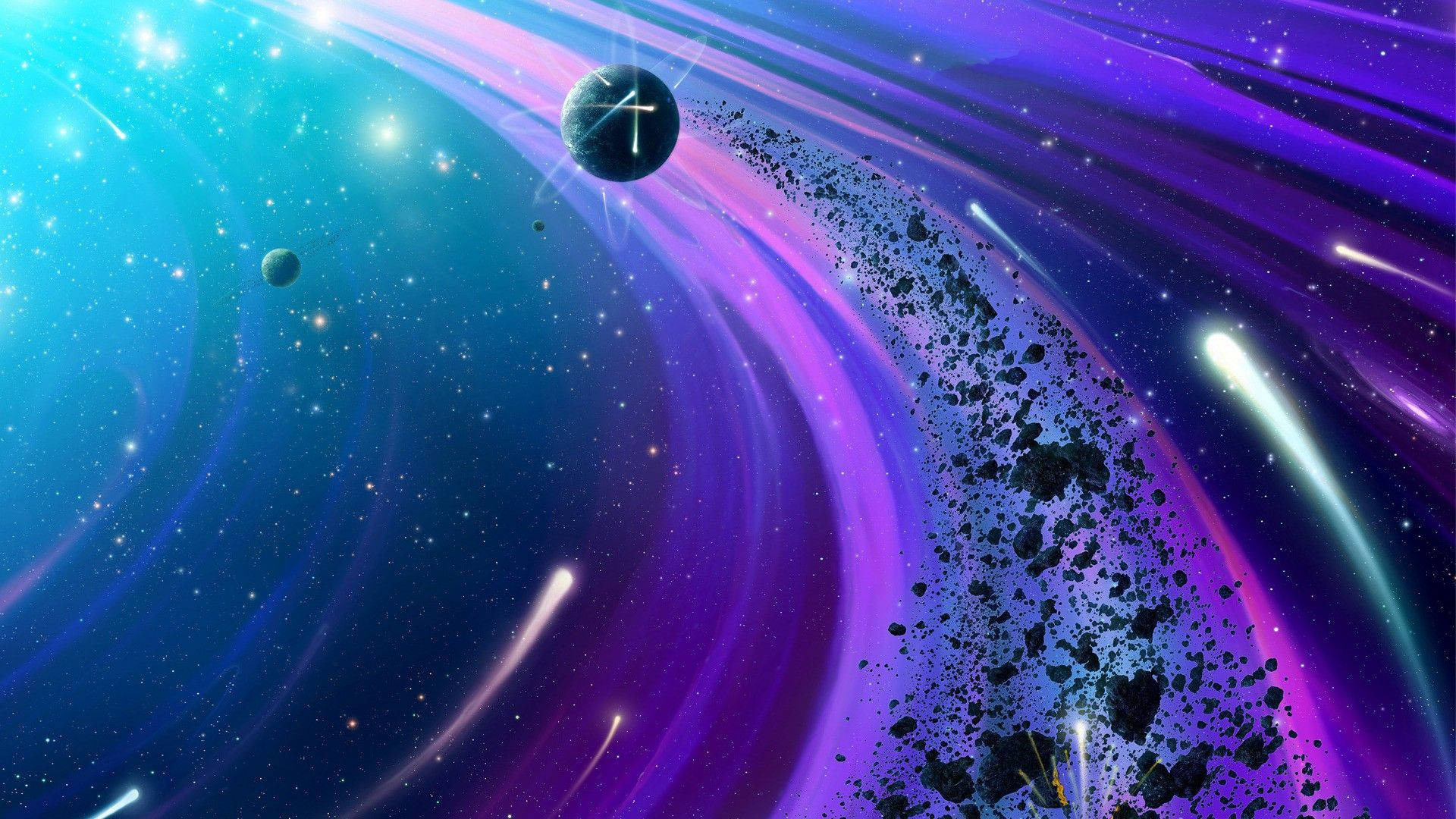 太空 桌布 壁紙 — 紫色和青綠色星雲的宇宙漩渦，發光的星星和小行星在深空中漂流。
