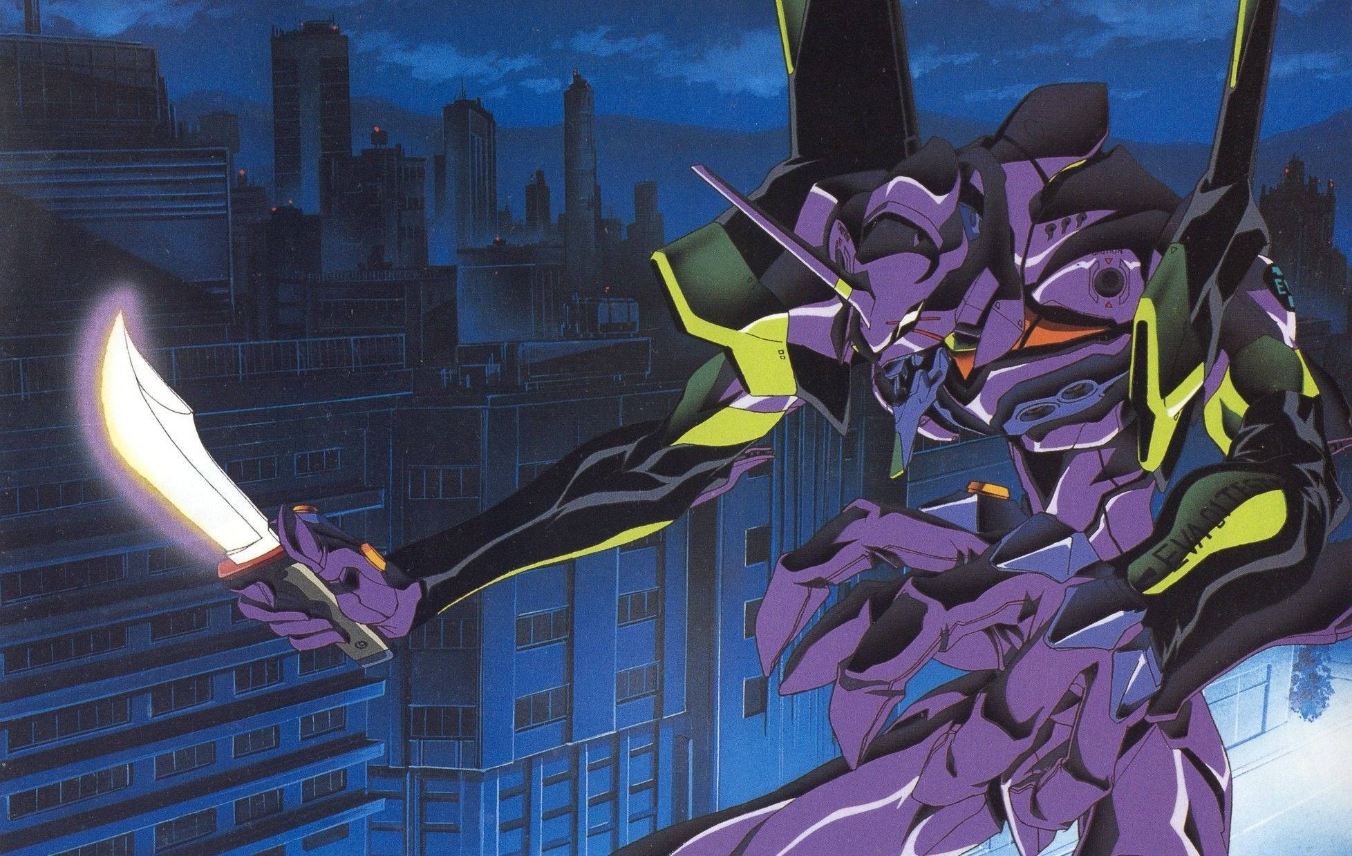 新世紀福音戰士 桌布 壁紙 — 紫色和黃色的 Evangelion 單位在夜晚揮舞著發光的劍，對著黑暗的城市天際線。