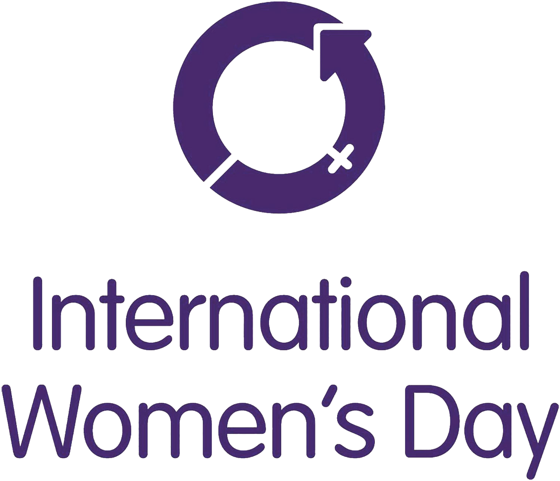 International Womens Day 桌布 壁紙 — 紫色圓形箭頭標誌，帶有文字 International Women's Day，背景為黑色。