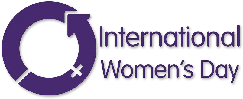 International Womens Day 桌布 壁紙 — 紫色圓形箭頭標誌，黑色背景上帶有文字 International Women's Day。
