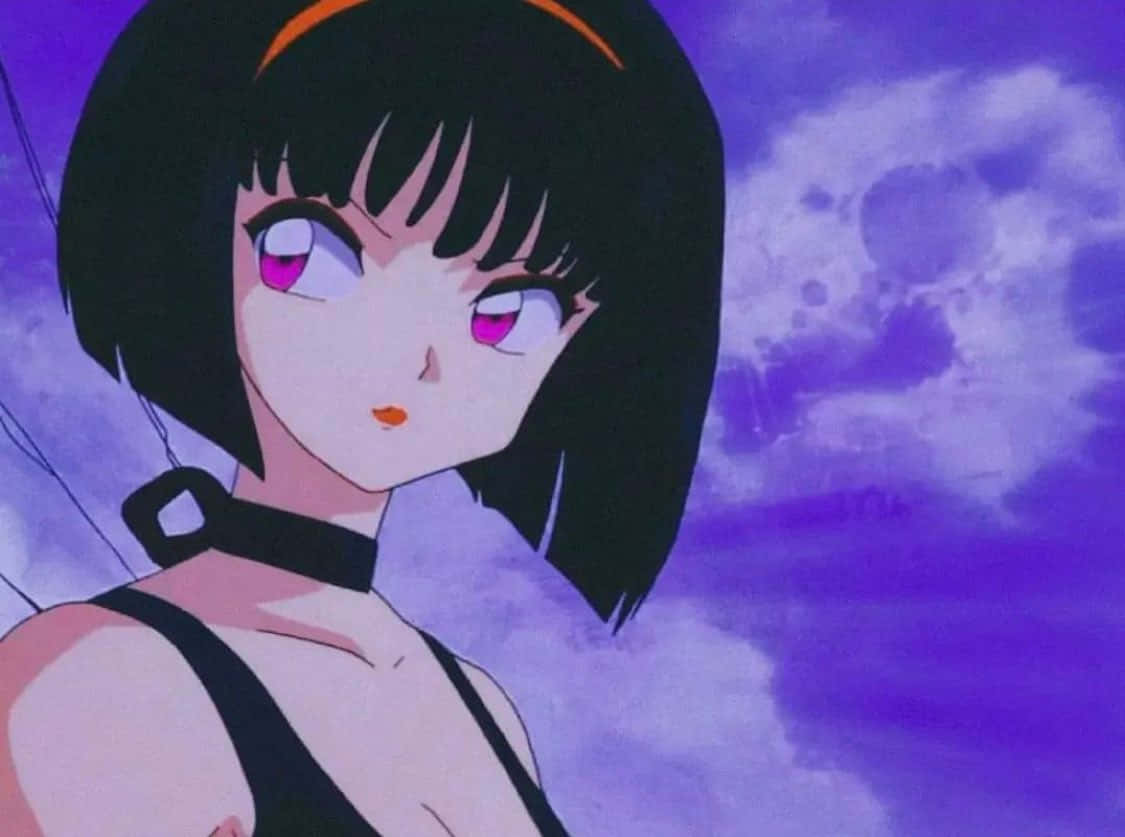 Inuyasha Yura 桌布 壁紙 — 紫色多雲天空背景下，黑色鮑伯頭粉紅眼睛動漫女孩的特寫。