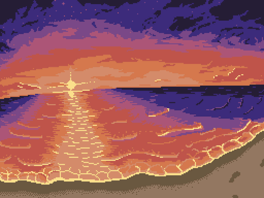 Pixel Beach 桌布 壁紙 — 紫色天空下，海洋上像素化的日落，水面閃爍星爆反射。