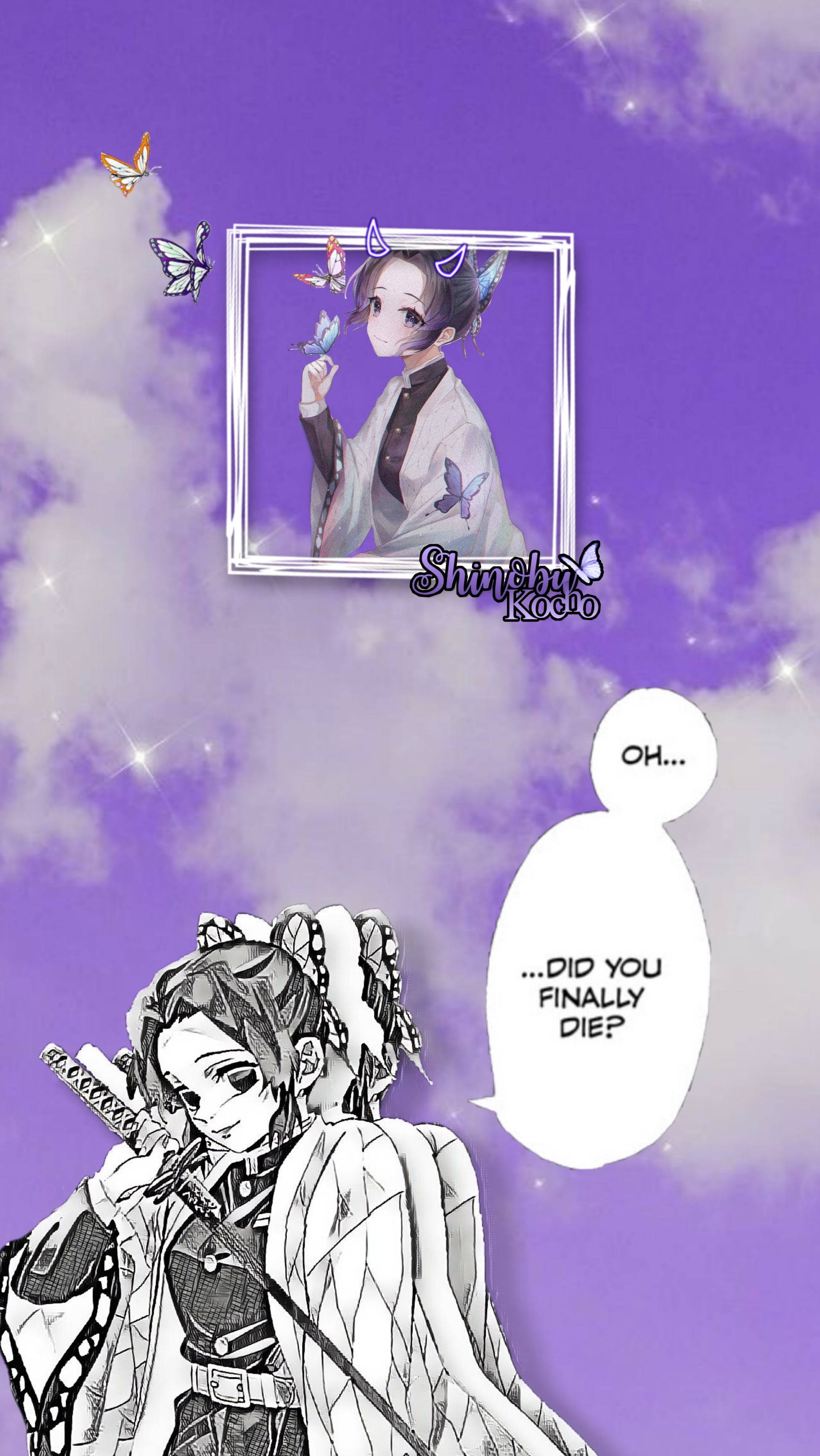 紫色動漫美學 桌布 壁紙 — 紫色天空有雲，一個框內有動漫女孩與蝴蝶，下方有一個黑白動漫戰士手持劍。