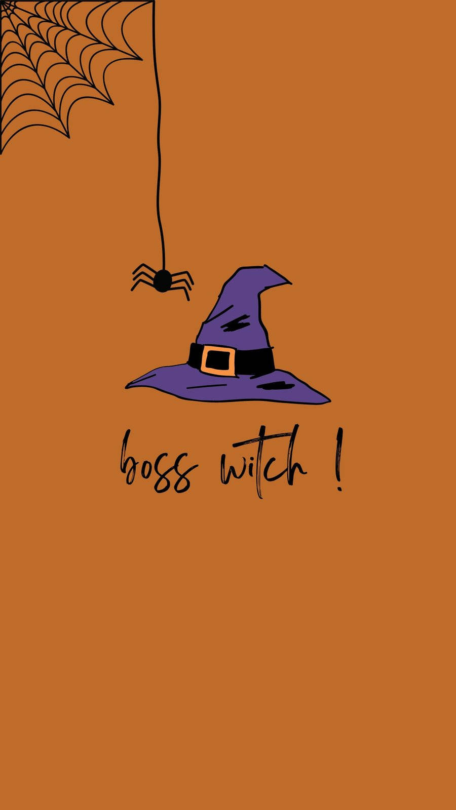 Spooky Aesthetic 桌布 壁紙 — 紫色女巫帽，蜘蛛從網上垂吊，橙色背景上有「boss witch!」文字。