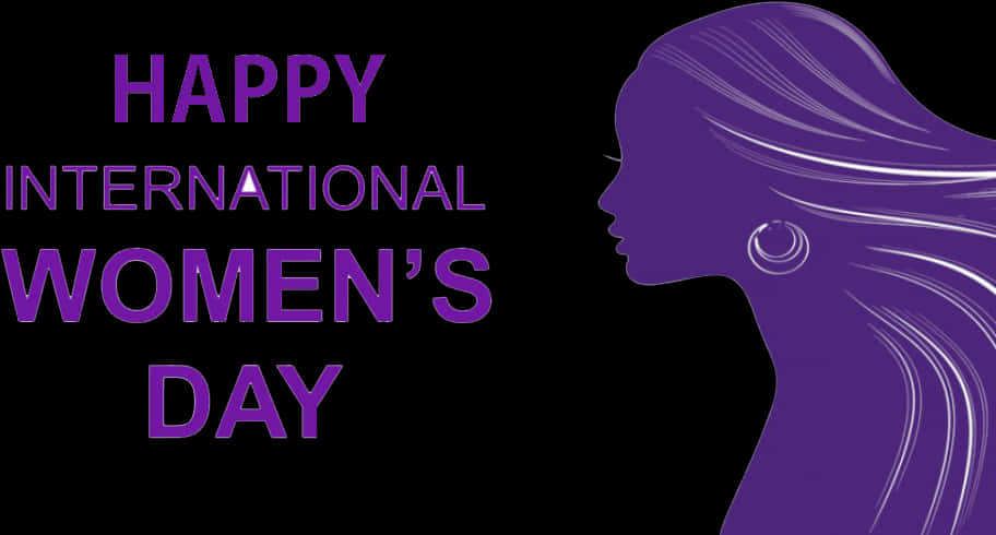 International Womens Day 桌布 壁紙 — 紫色女性側面剪影，秀髮飄逸，旁邊有粗體紫色文字，在黑色背景上慶祝國際婦女節。