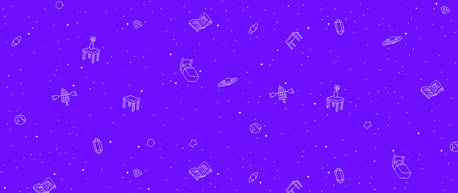 紫色太空場景，白色線條繪製的漂浮家具和書籍。 — Omori GIF 壁紙