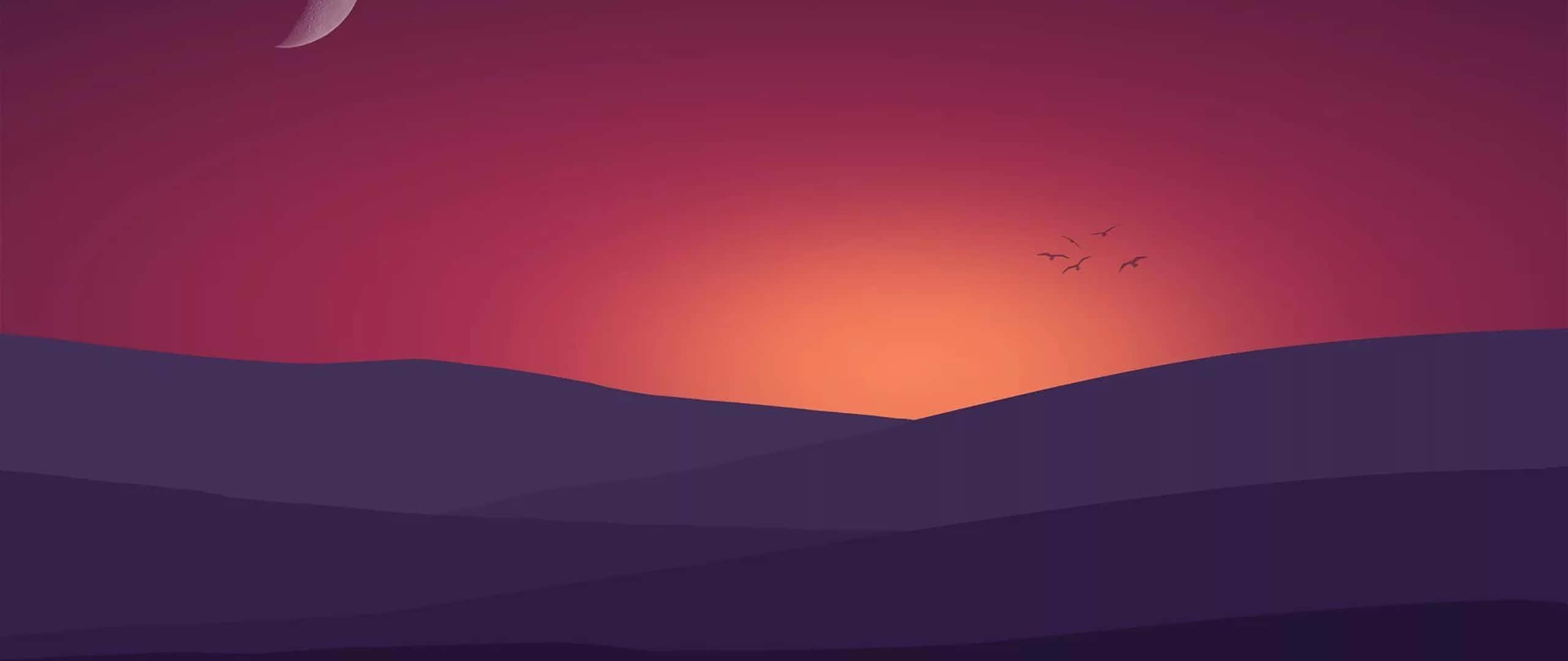 2560x1080 Minimal 桌布 壁紙 — 紫色山丘上的寧靜日落，新月和三隻鳥在漸變的天空中飛翔。