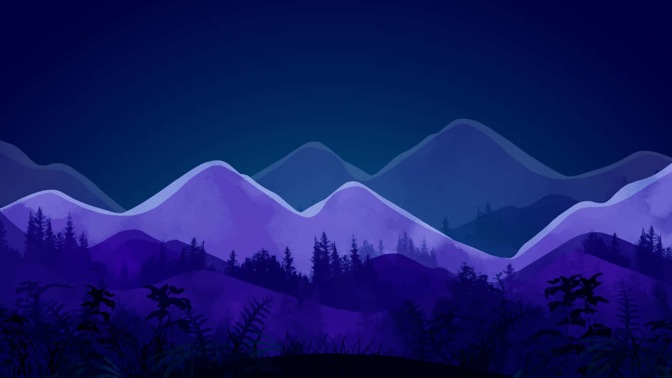 桌布 壁紙 — 紫色山脈在深藍色夜空下形成剪影，前景有黑暗森林。