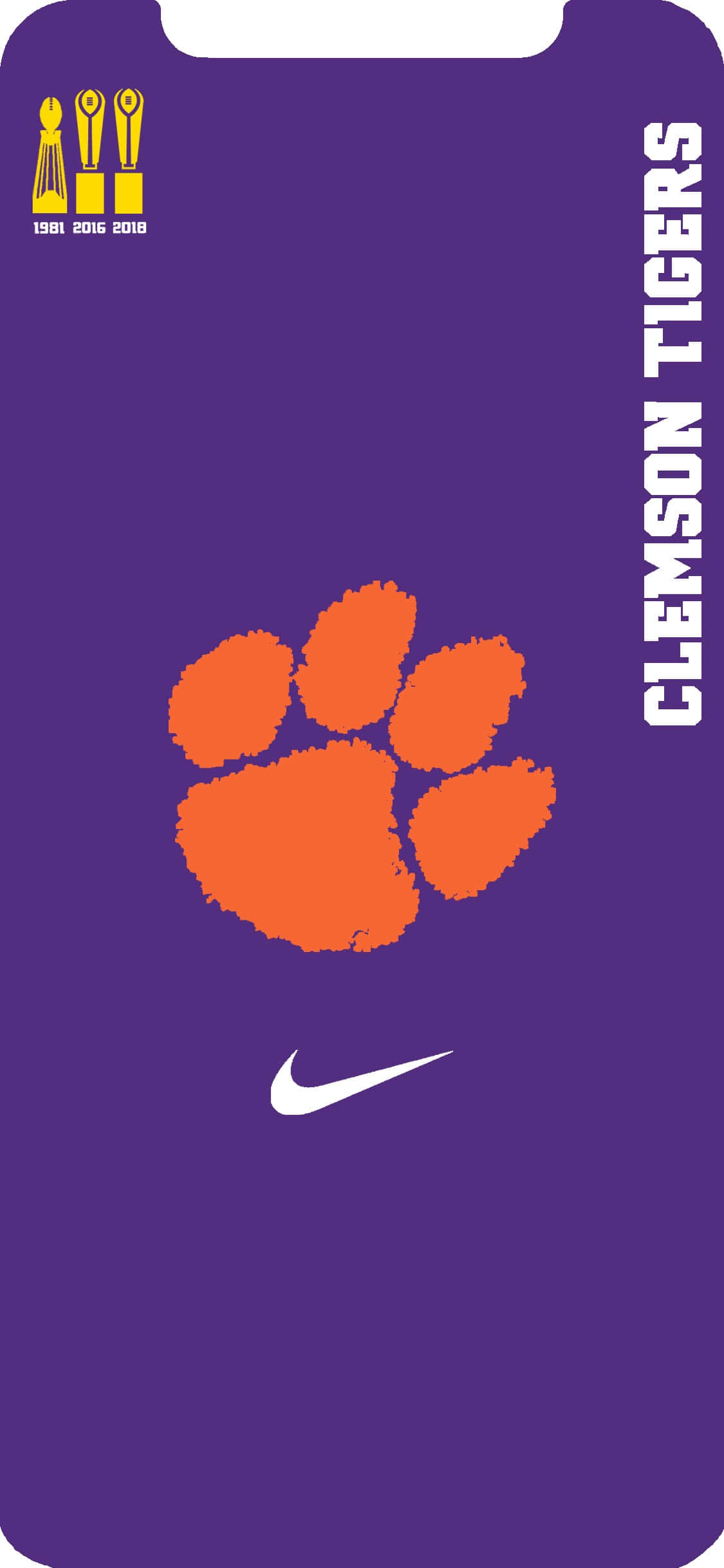Clemson iPhone 桌布 壁紙 — 紫色手機桌布，配有橙色克萊姆森老虎隊爪印標誌、白色Nike勾勾和冠軍獎盃。