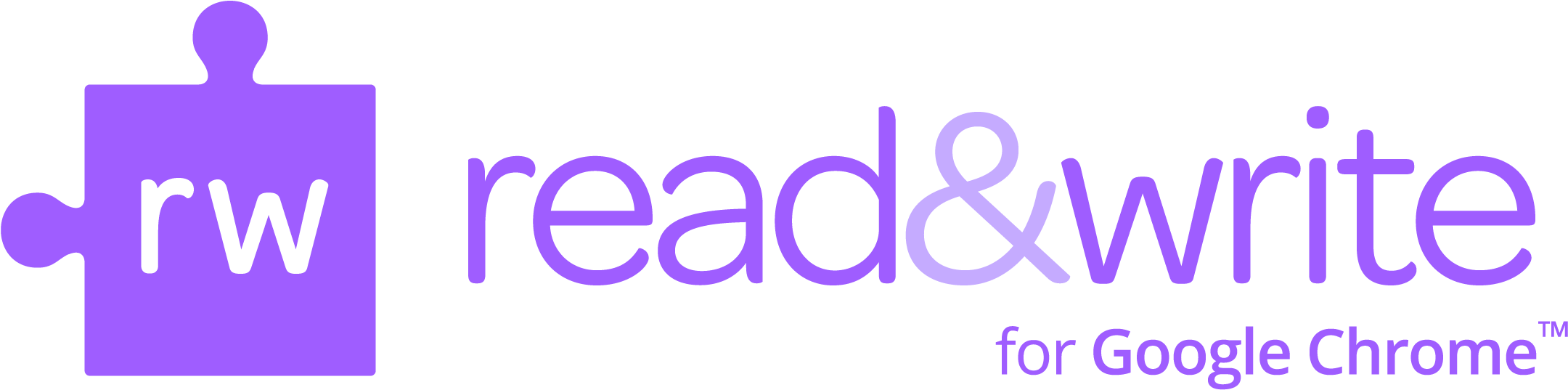 Google Chrome 桌布 壁紙 — 紫色拼圖塊標誌，白色 rw 字母縮寫位於 'read&write for Google Chrome' 文字旁，黑色背景。