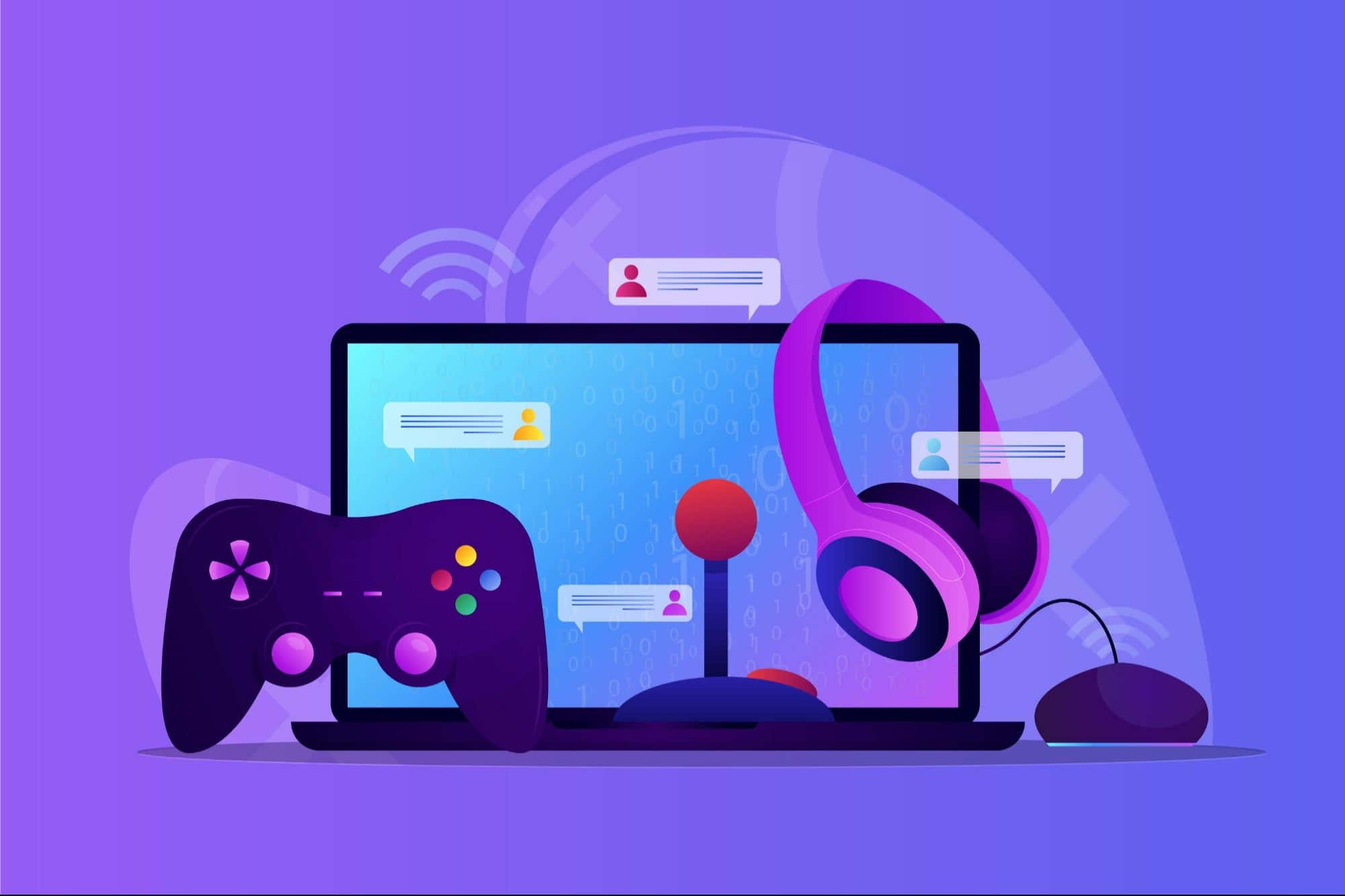 Game Development 桌布 壁紙 — 紫色數位藝術插圖，展示遊戲裝備，包括控制器、耳機和帶有聊天氣泡及二進制代碼的筆記型電腦。