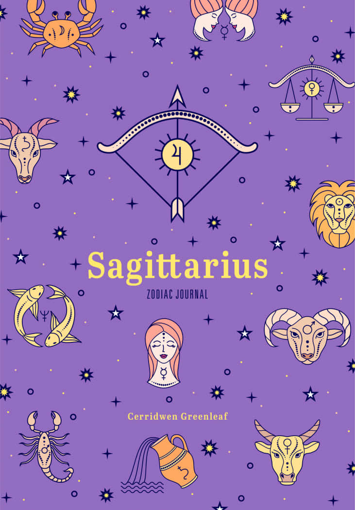 sagittarius 桌布 壁紙 — 紫色星座日記封面，射手座符號被其他星座和星星環繞。