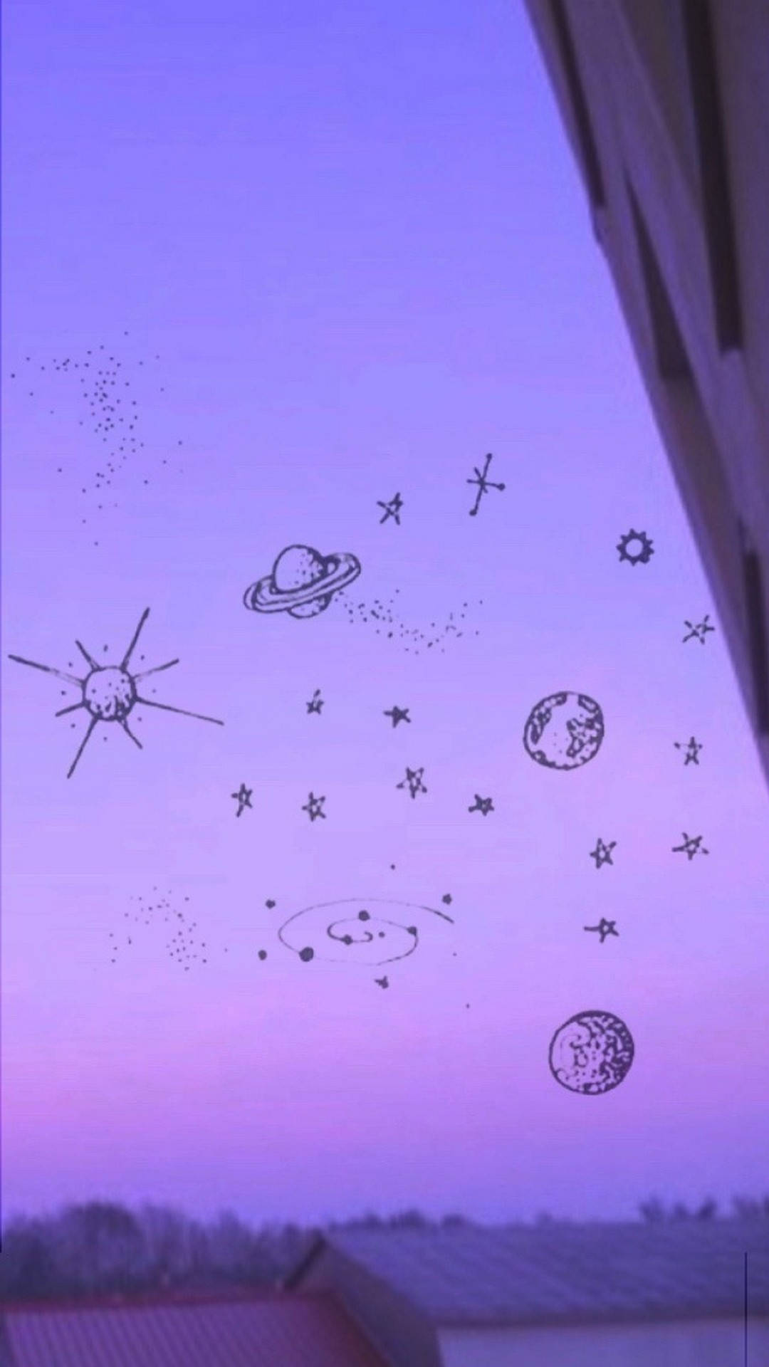 Purple Night Sky 桌布 壁紙 — 紫色暮色天空，手繪行星、星星和星系漂浮在屋頂上方。