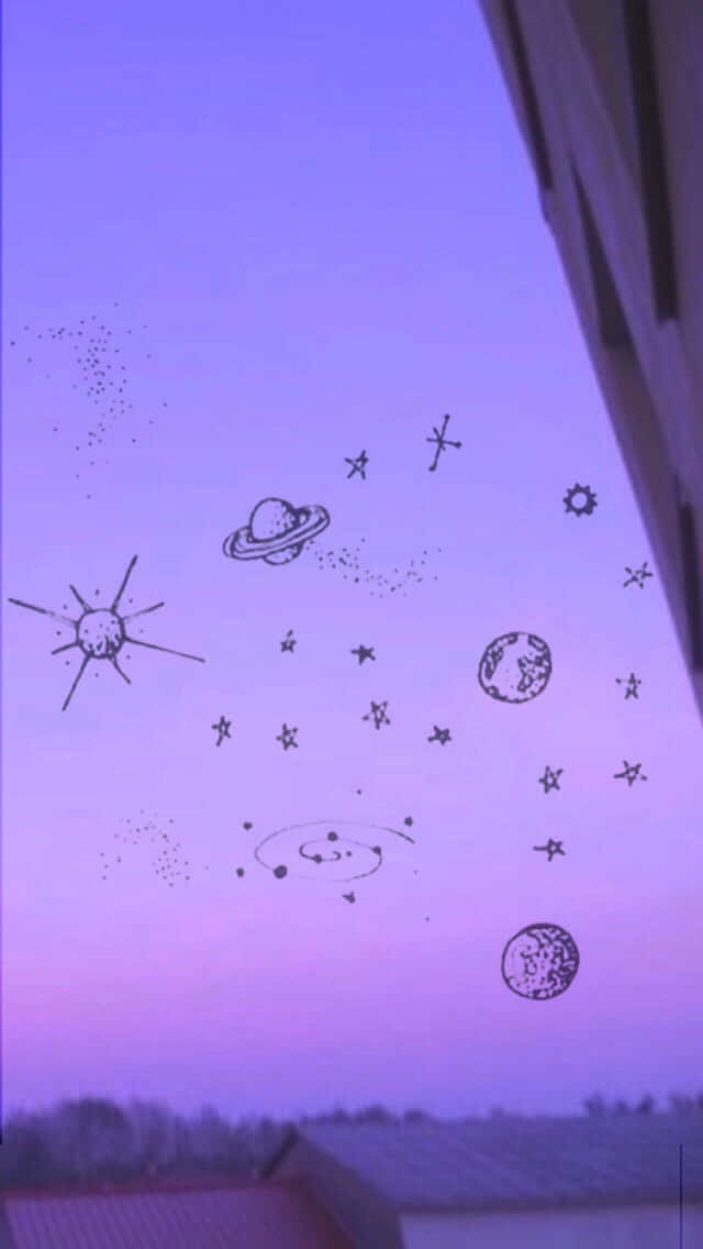 Planets 桌布 壁紙 — 紫色暮色天空，手繪行星、星星和星座漂浮在屋頂上方。