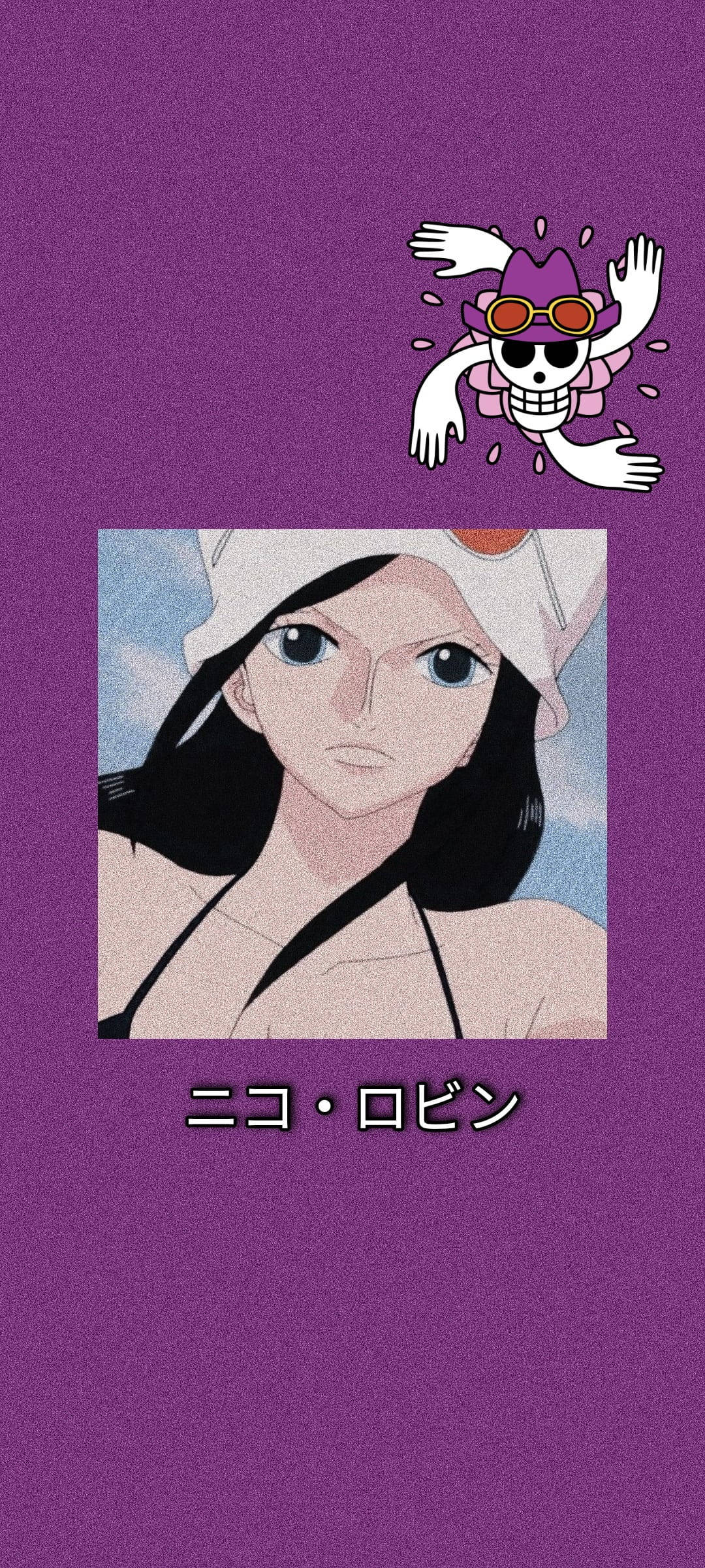 紫色動漫美學 桌布 壁紙 — 紫色桌布，上面有《航海王》的妮可·羅賓，她的骷髏海賊團標誌在上方，背景為純色。