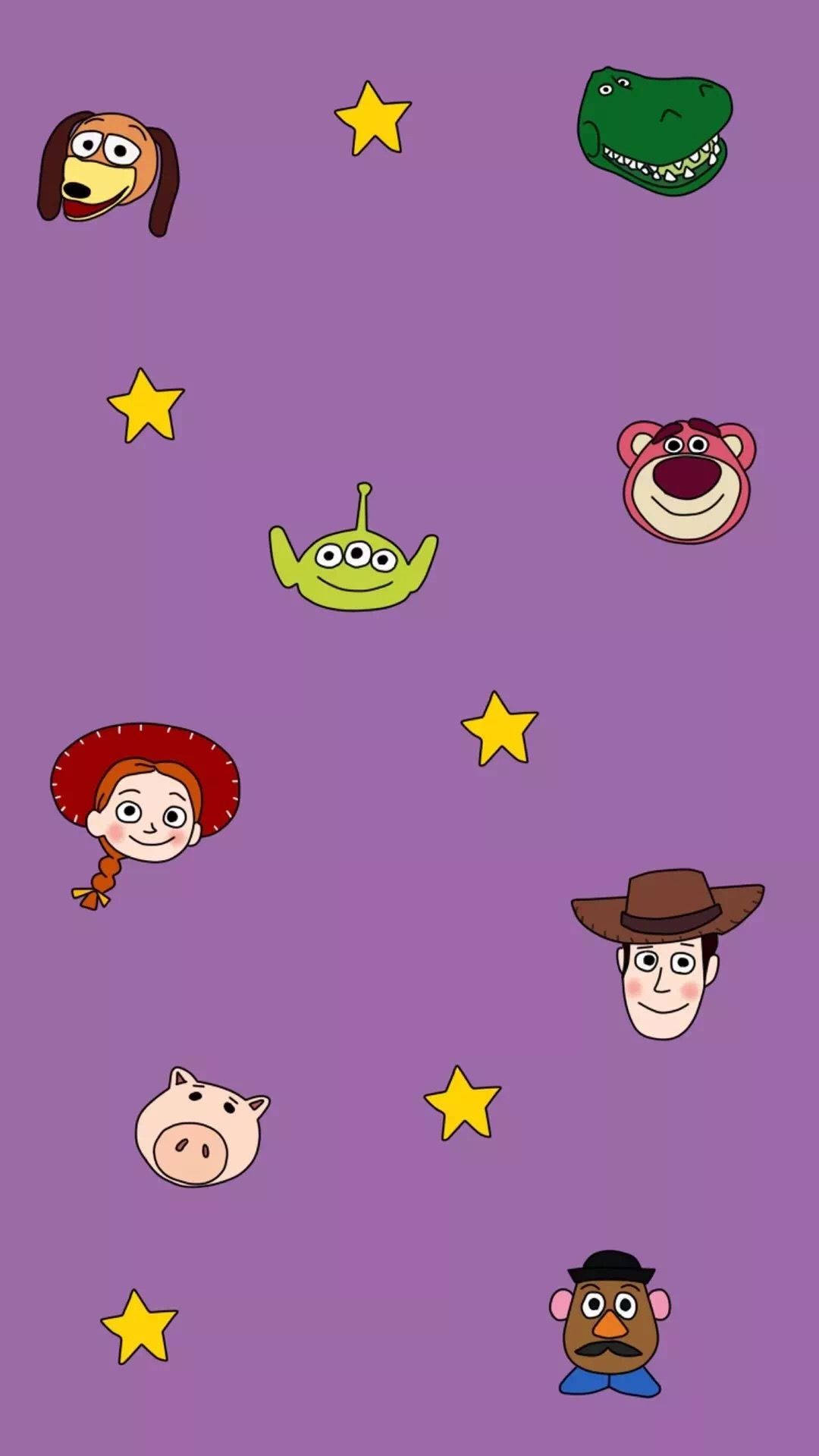 Toy Story 3 桌布 壁紙 — 紫色桌布，上面有漂浮的Toy Story角色和黃色星星，背景為純色。