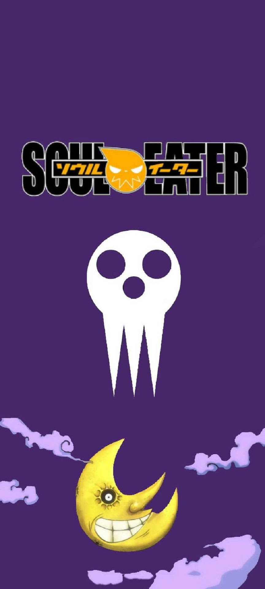 soul eater moon 桌布 壁紙 — 紫色桌布，帶有Soul Eater標誌、白色骷髏頭和一個咧嘴笑的黃色新月，伴隨紫色雲朵。