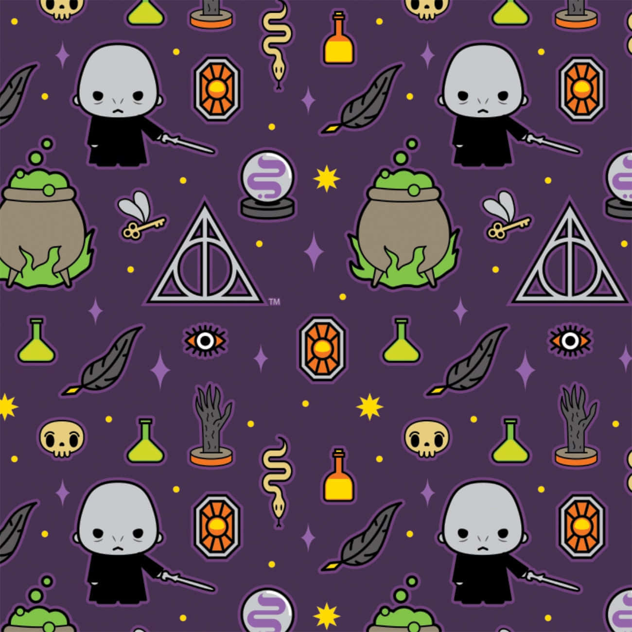 Harry Potter Halloween 桌布 壁紙 — 紫色桌布圖案，帶有可愛Q版佛地魔、魔藥鍋，以及哈利波特標誌如死神的聖物。