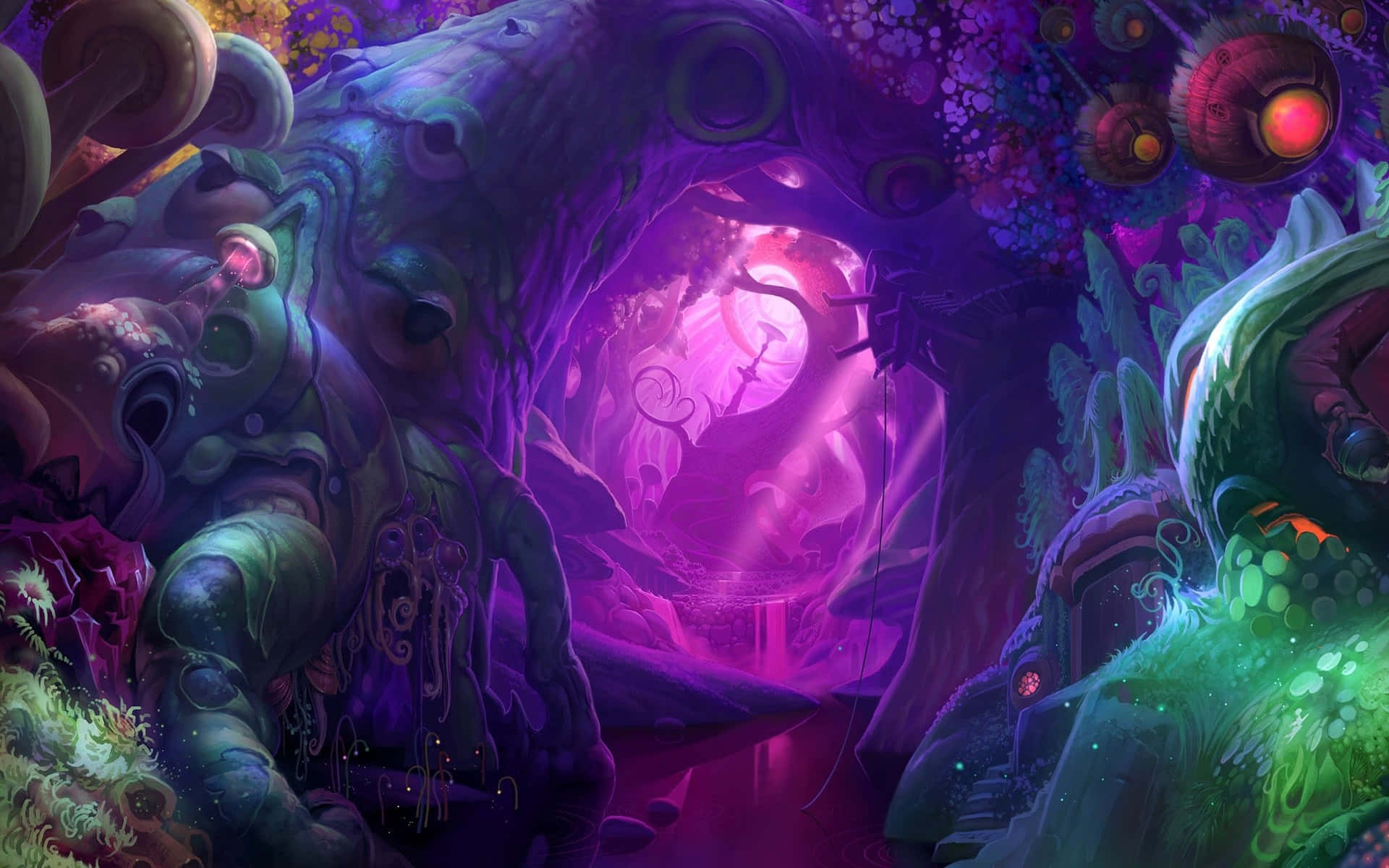 紫色森林中充滿各種不同生物 壁紙