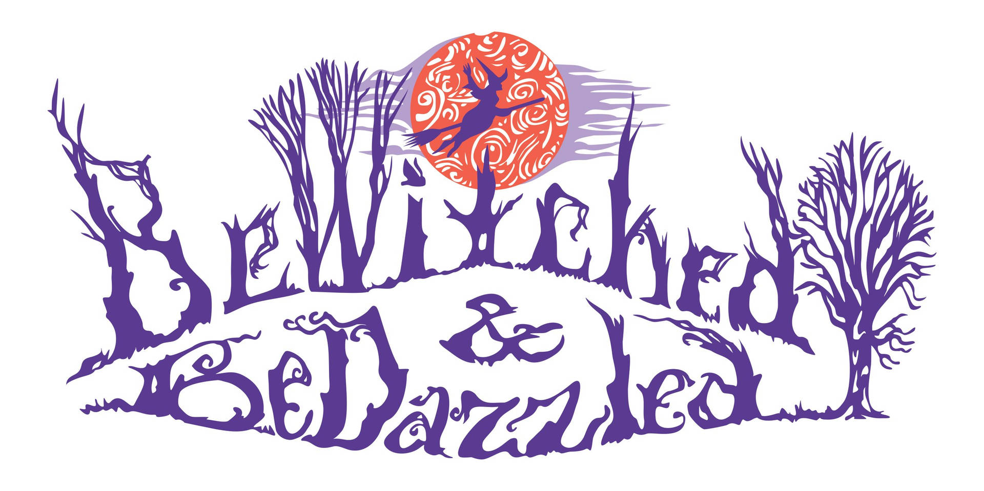 Witchy 桌布 壁紙 — 紫色樹木剪影和旋轉文字形成一個異想天開的標誌，背後有一個紅色圖案太陽。