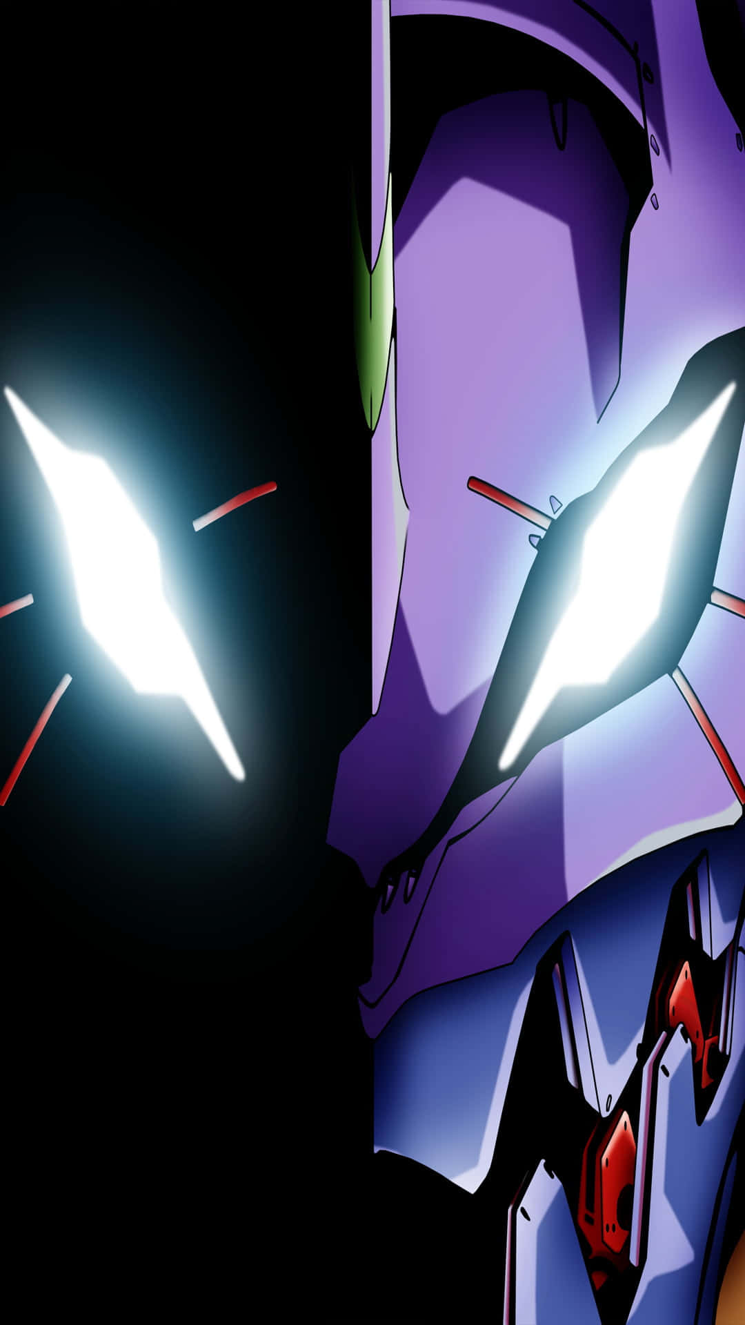 evangelion 4K 桌布 壁紙 — 紫色機甲特寫，白色發光眼睛，黑色背景帶有光線條紋。