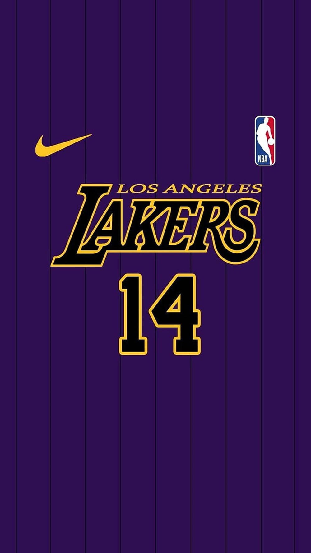 NBA iPhone 桌布 壁紙 — 紫色洛杉磯湖人隊球衣的特寫，帶有金色飾邊，顯示14號和NBA標誌。