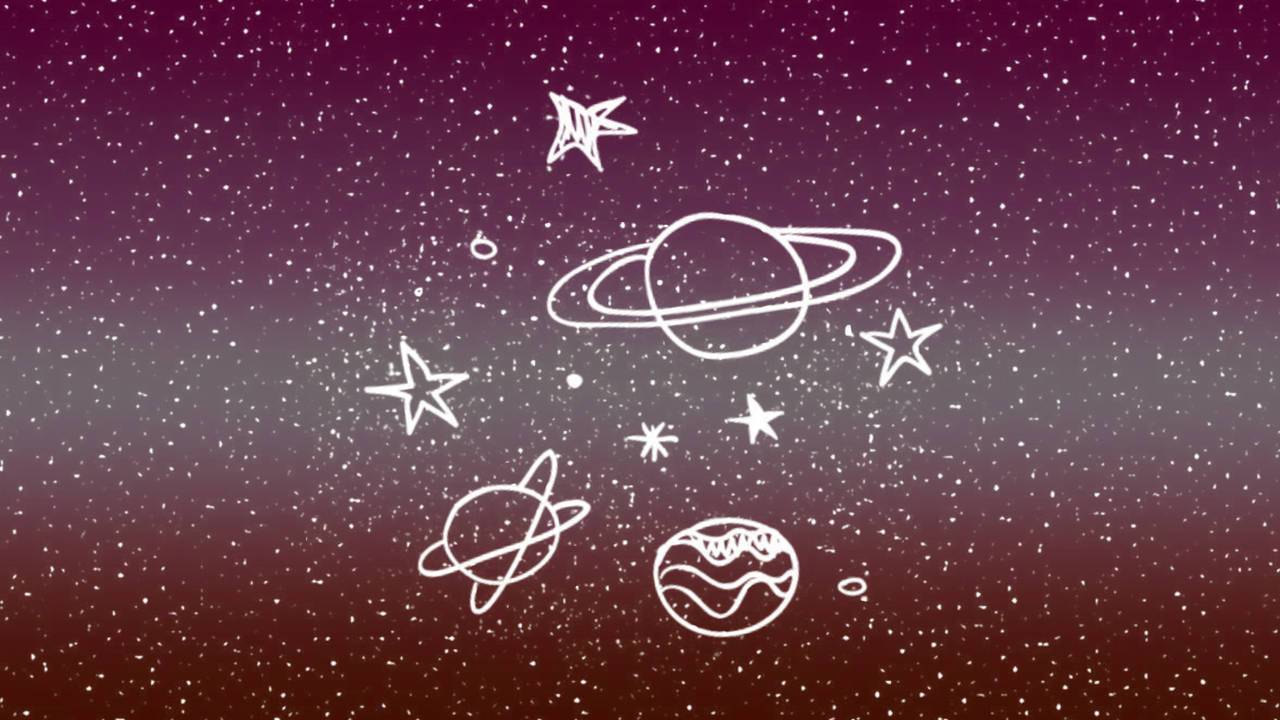 紫色漸層太空場景，白色輪廓行星和星星。
